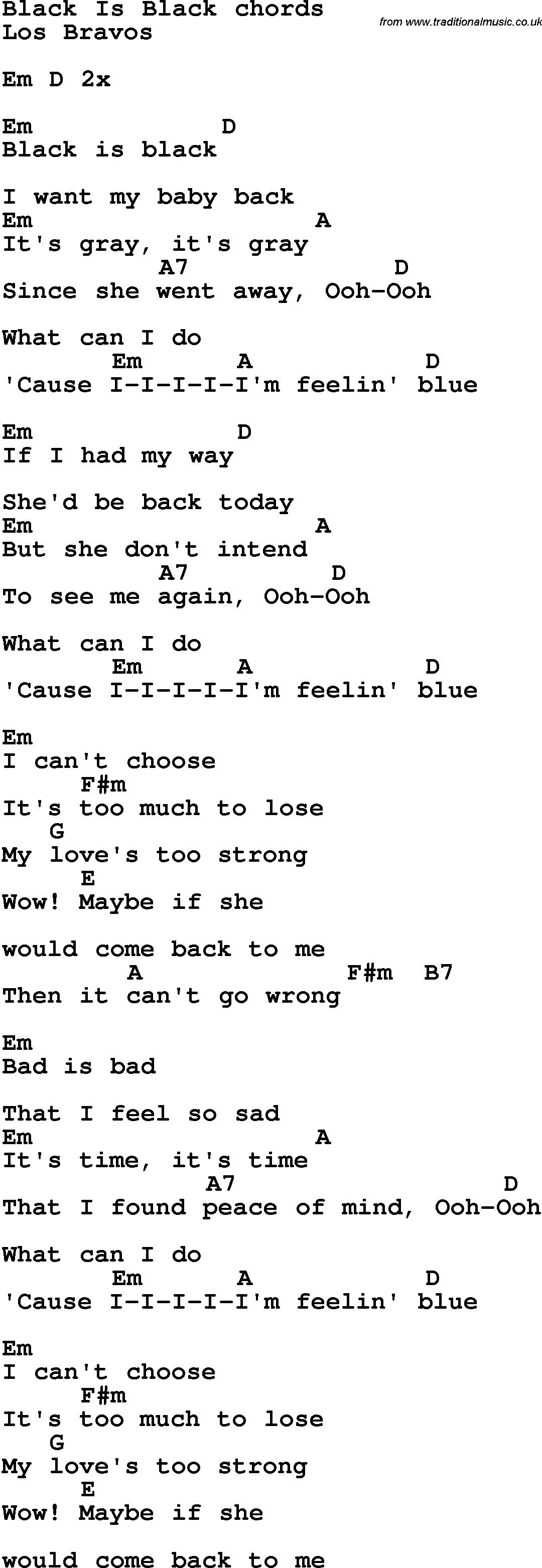 Song Lyrics with guitar chords for Black Is Black