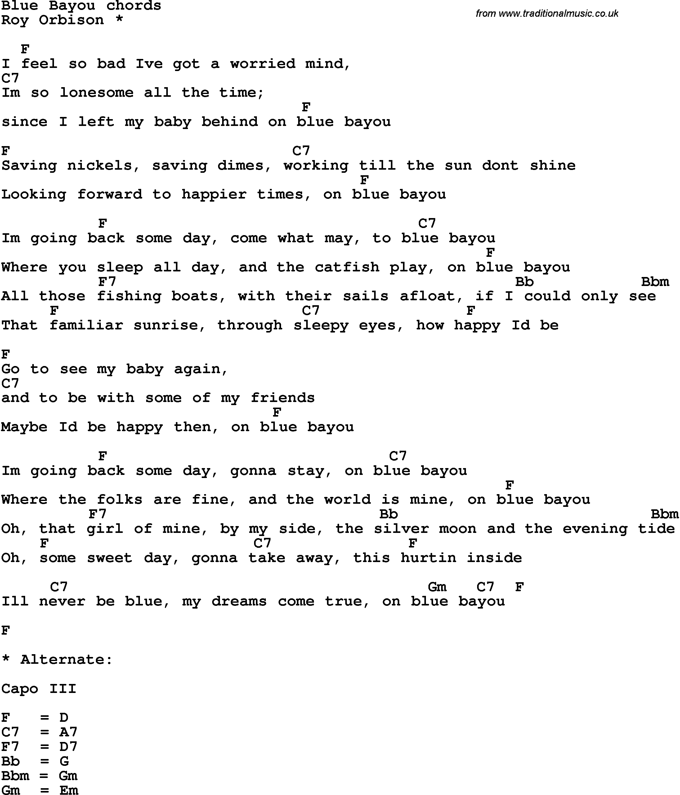 Song Lyrics with guitar chords for Blue Bayou