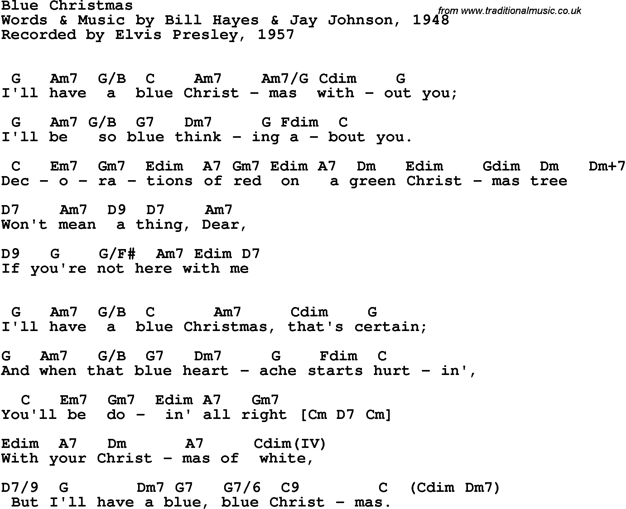 Song Lyrics with guitar chords for Blue Christmas - Elvis Presley, 1957