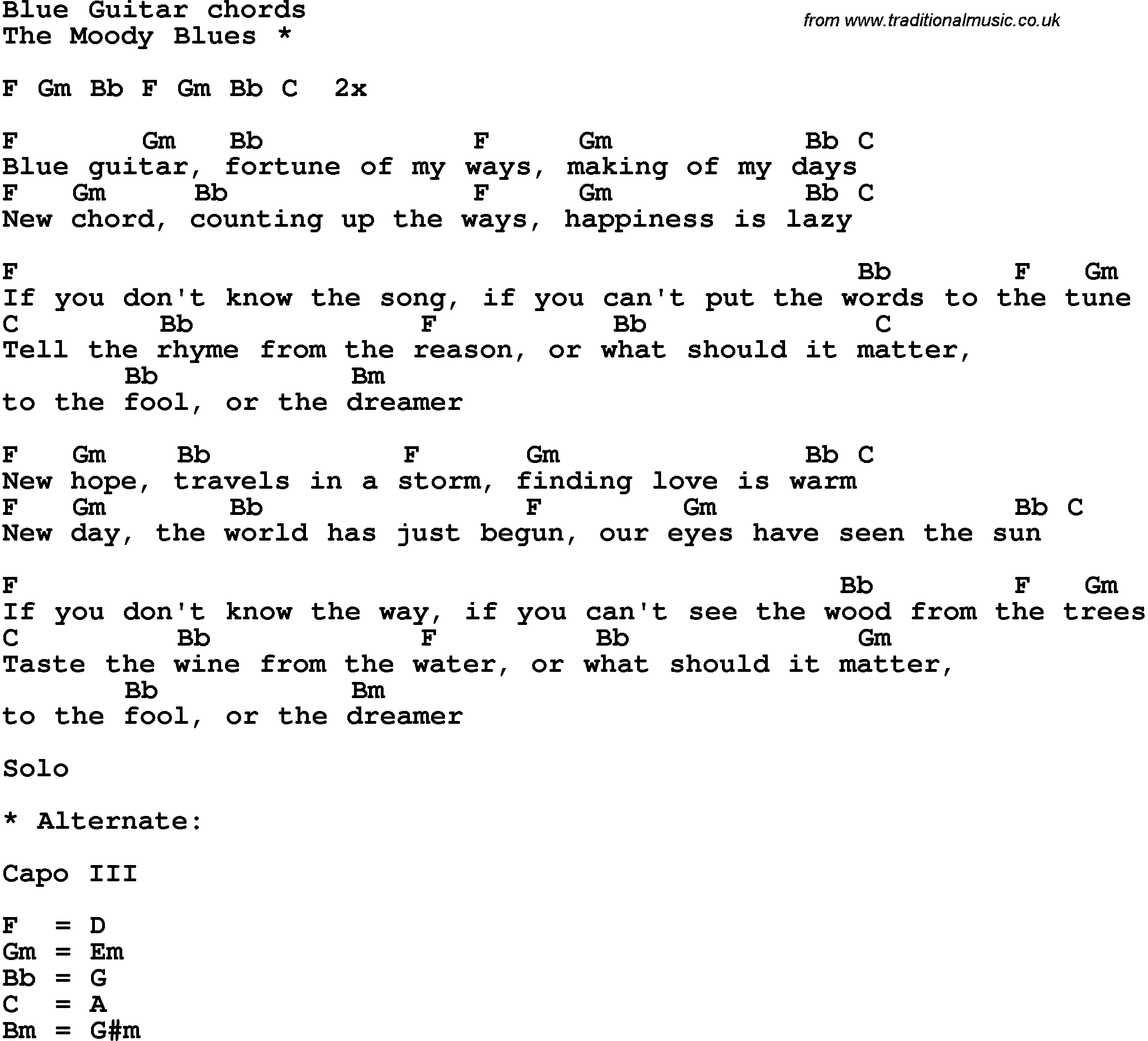 Song Lyrics with guitar chords for Blue Guitar
