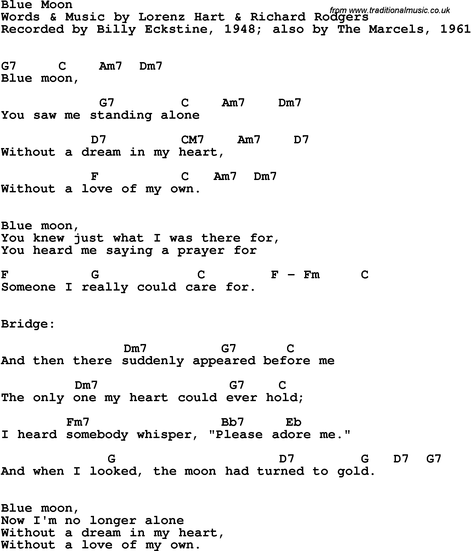 Song Lyrics with guitar chords for Blue Moon - Billy Eckstine, 1948