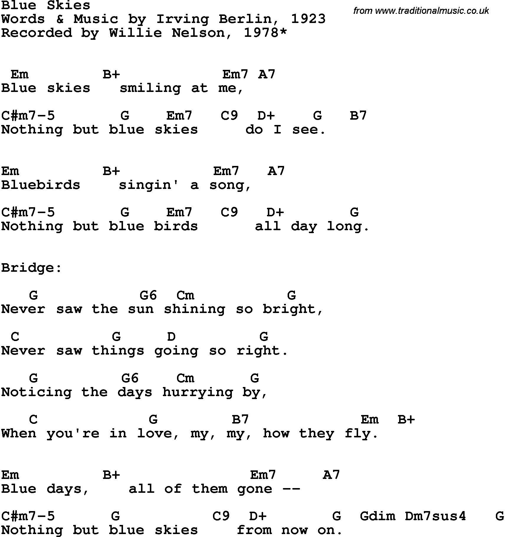 Song Lyrics with guitar chords for Blue Skies - Willie Nelson, 1978