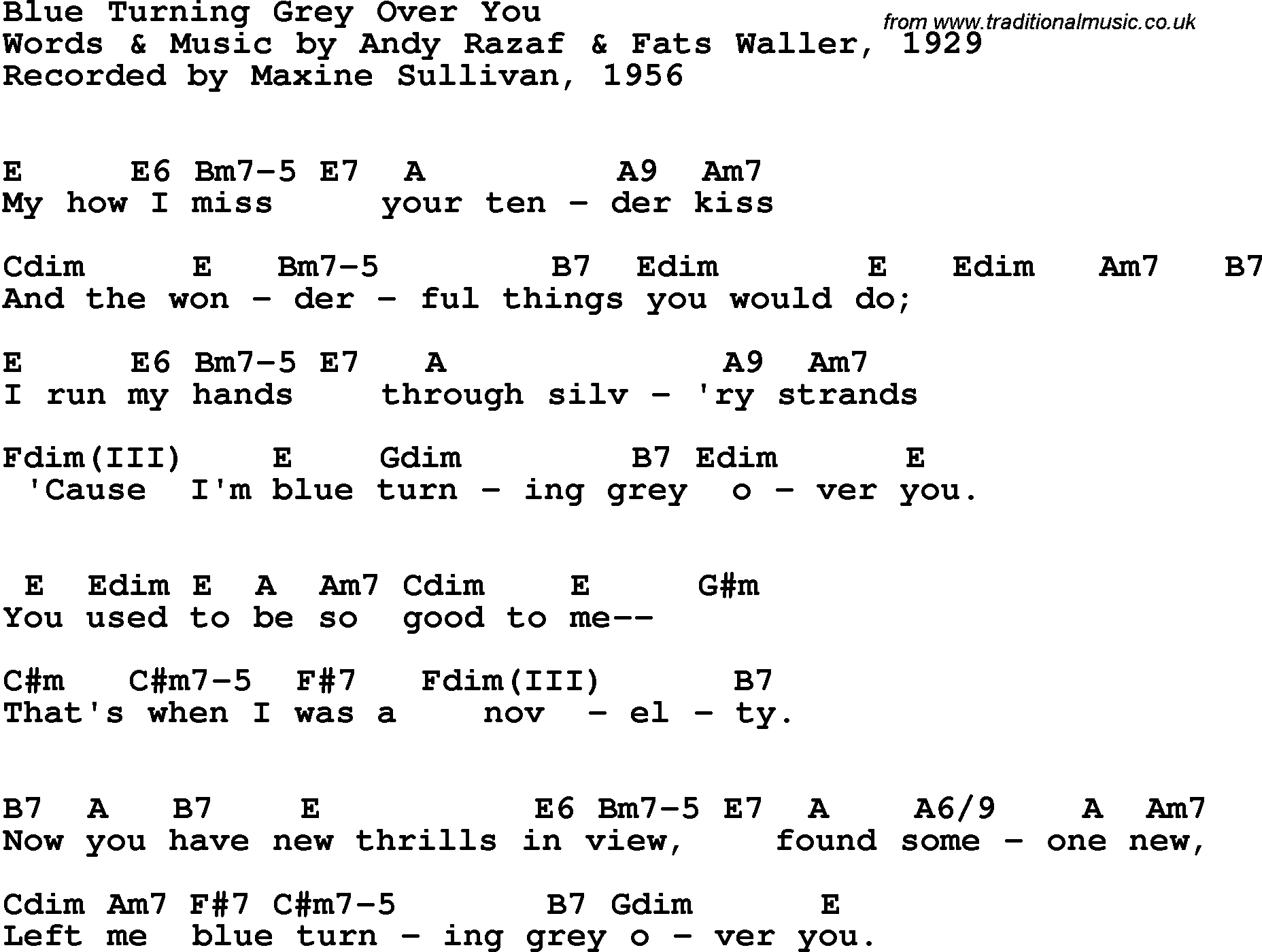 Song Lyrics with guitar chords for Blue Turning Grey Over You - Maxine Sullivan, 1956