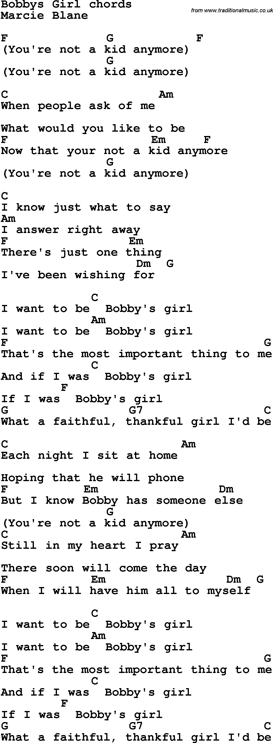 Song Lyrics with guitar chords for Bobby's Girl