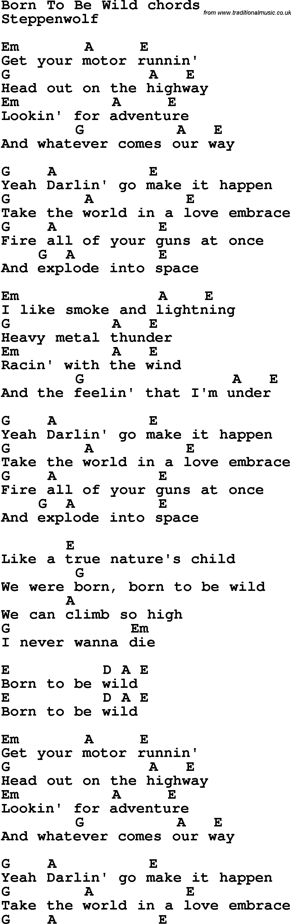 Song Lyrics with guitar chords for Born To Be Wild