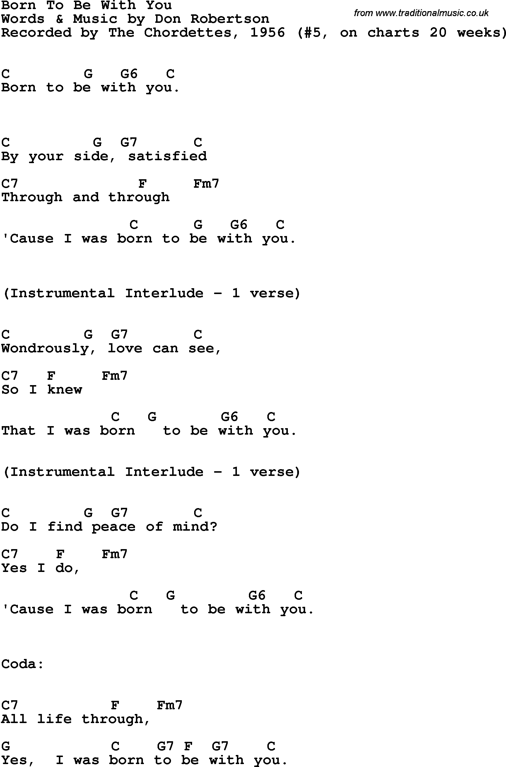 Song Lyrics with guitar chords for Born To Be With You - The Chordettes, 1956