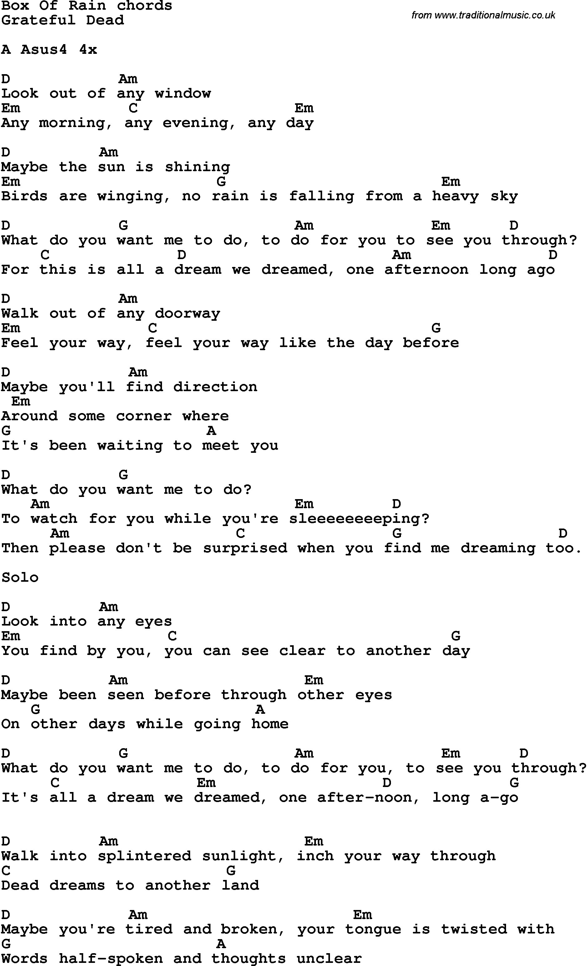Song Lyrics with guitar chords for Box Of Rain