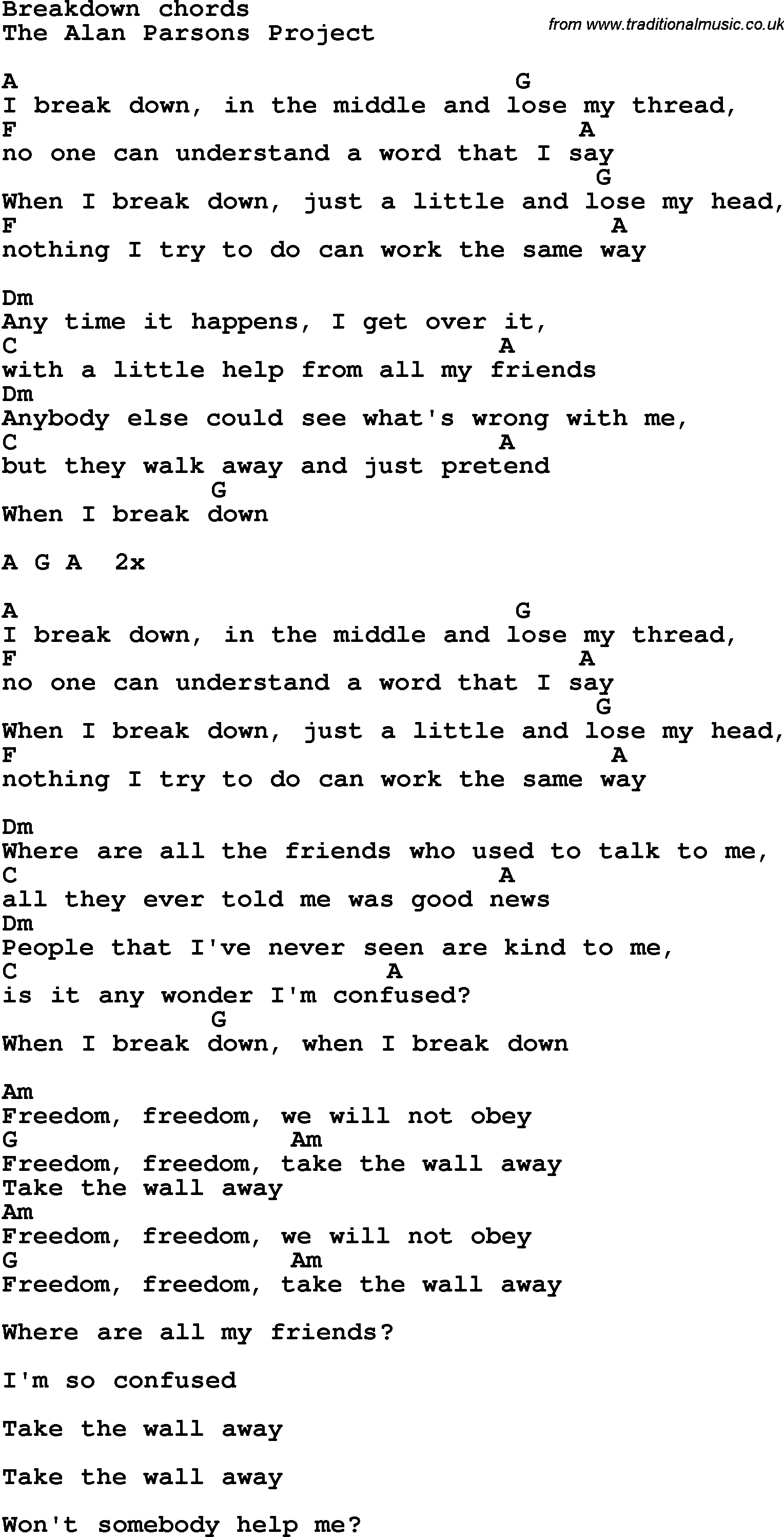Song Lyrics with guitar chords for Breakdown
