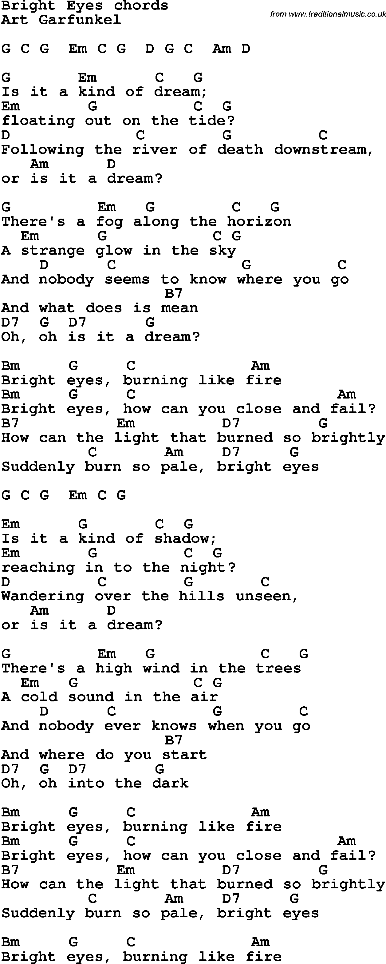 Song Lyrics with guitar chords for Bright Eyes