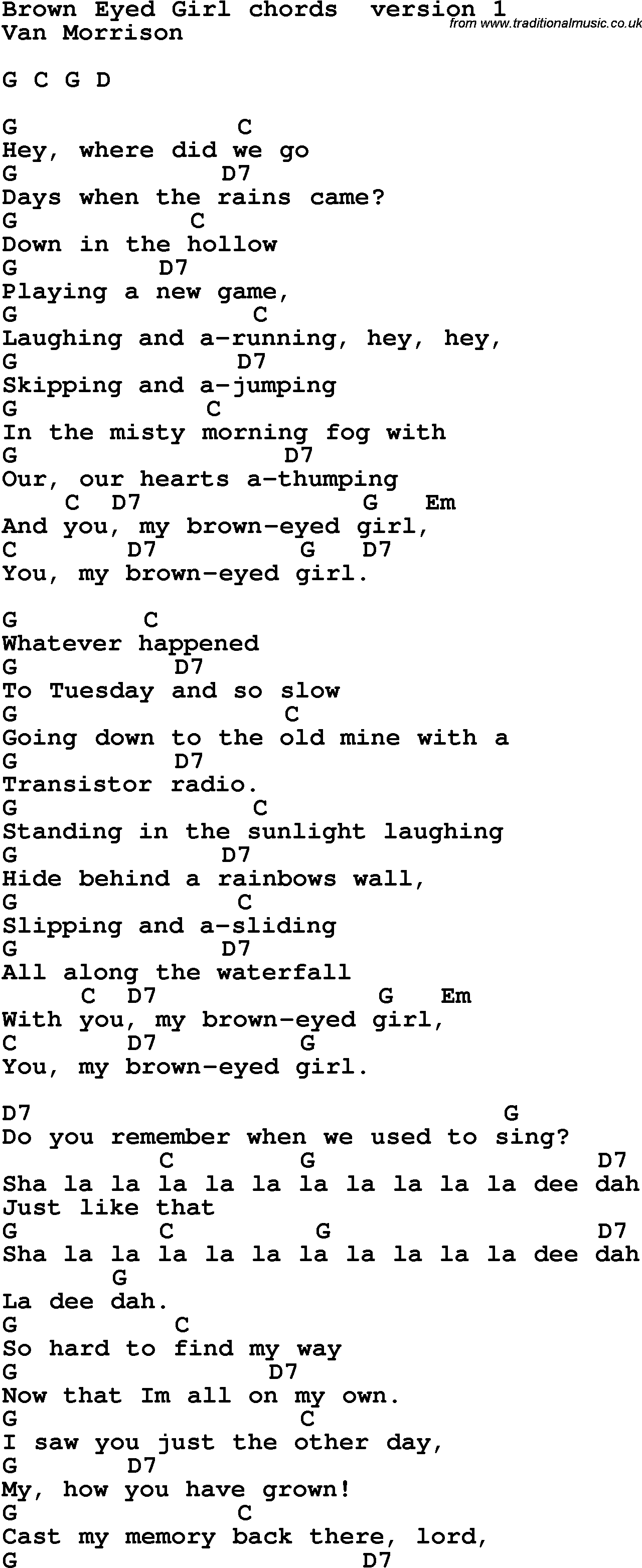 Song Lyrics with guitar chords for Brown Eyed Girl