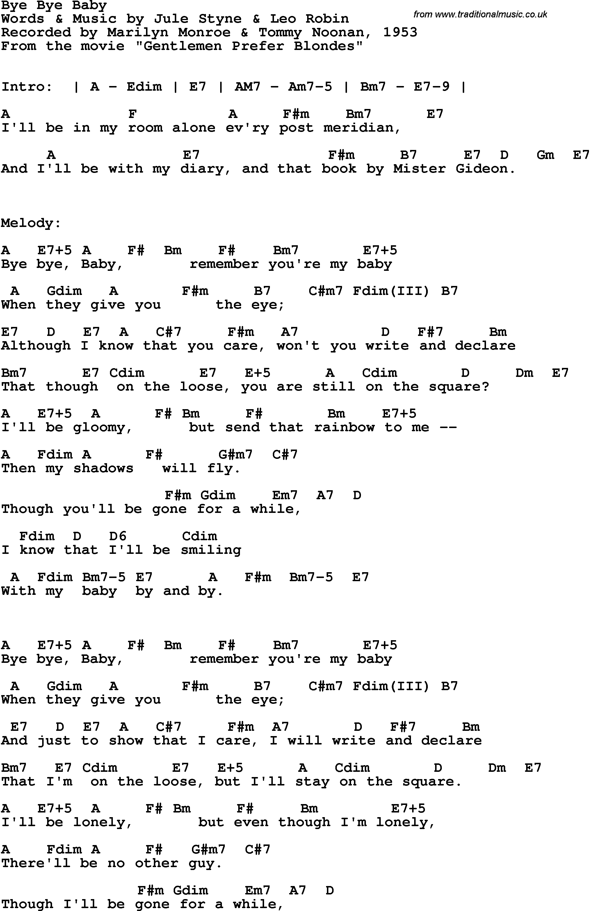 Song Lyrics with guitar chords for Bye Bye Baby - Marilyn Monroe & Tommy Noonan, 1953