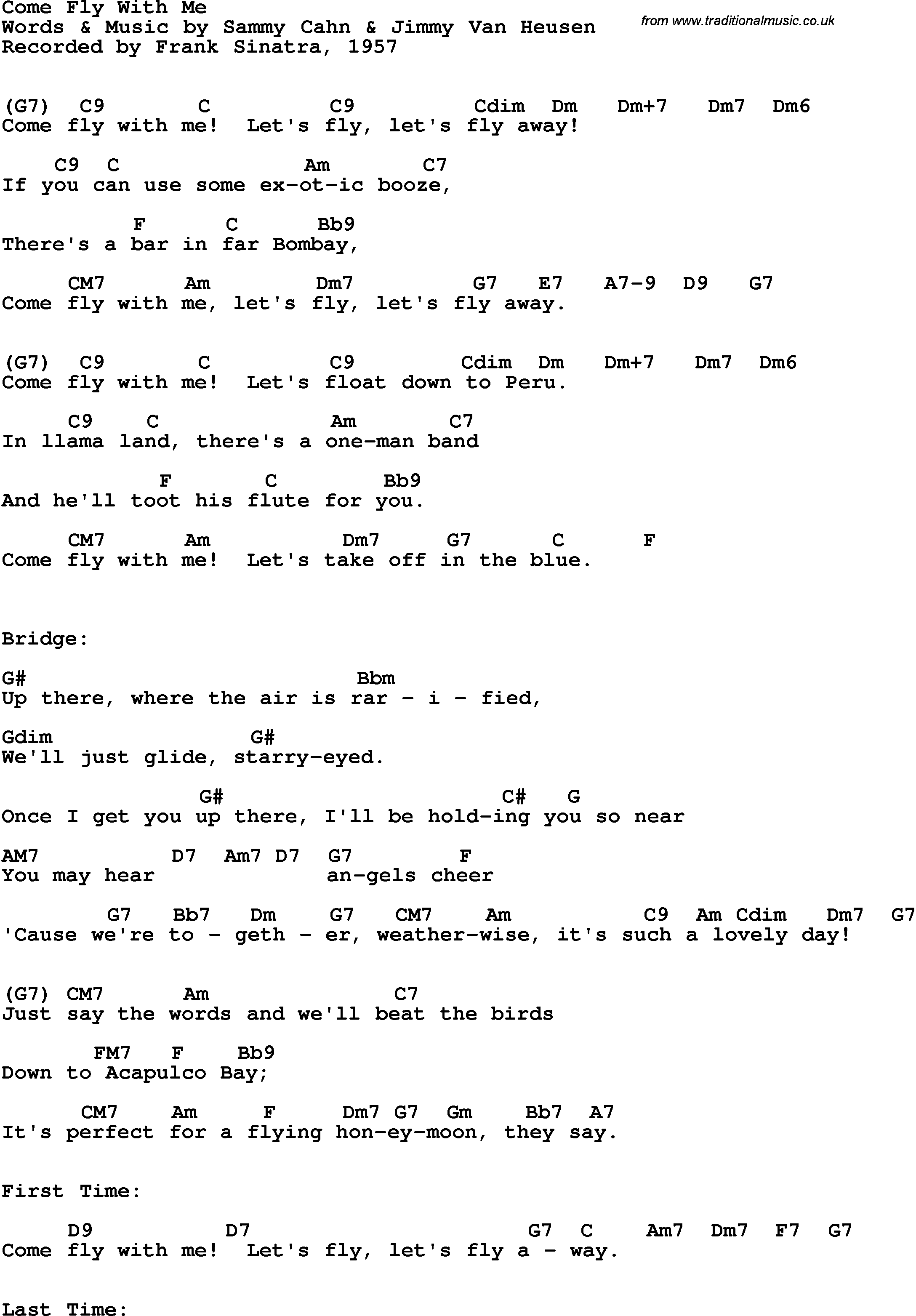 Song Lyrics With Guitar Chords For Come Fly With Me Frank Sinatra 1957