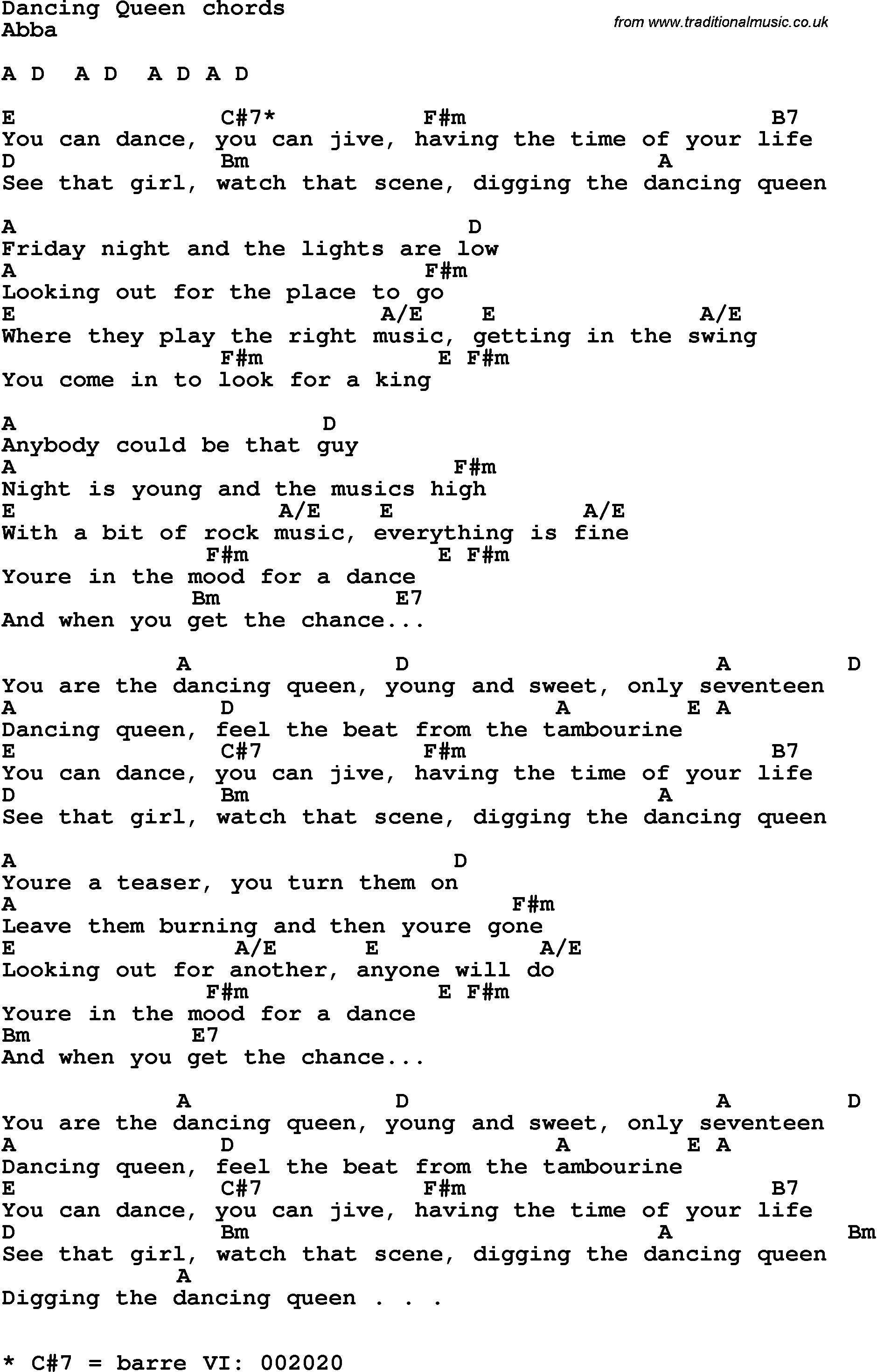 Song Lyrics with guitar chords for Dancing Queen