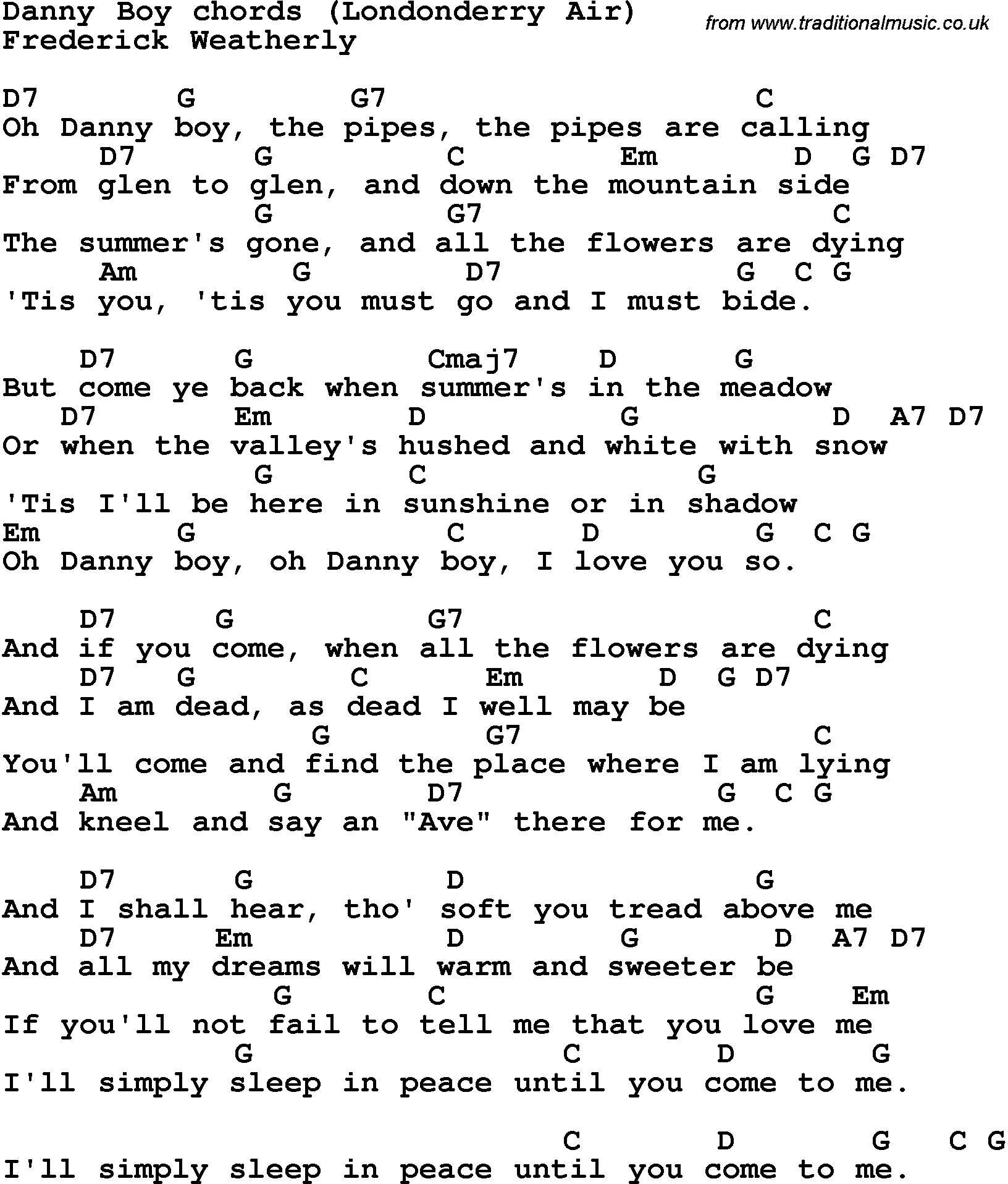 Song Lyrics with guitar chords for Danny Boy