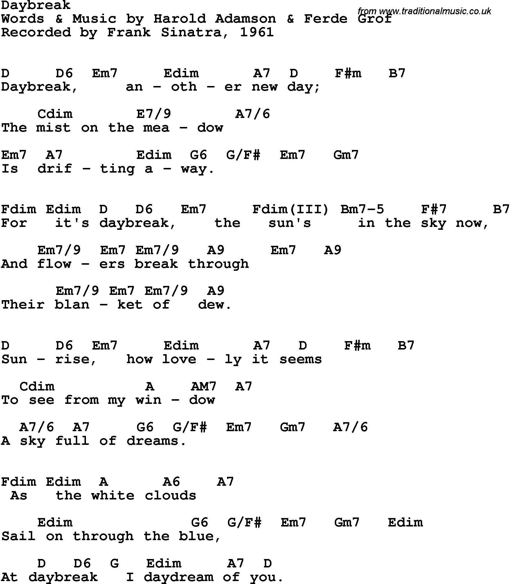Song Lyrics with guitar chords for Daybreak - Frank Sinatra, 1961
