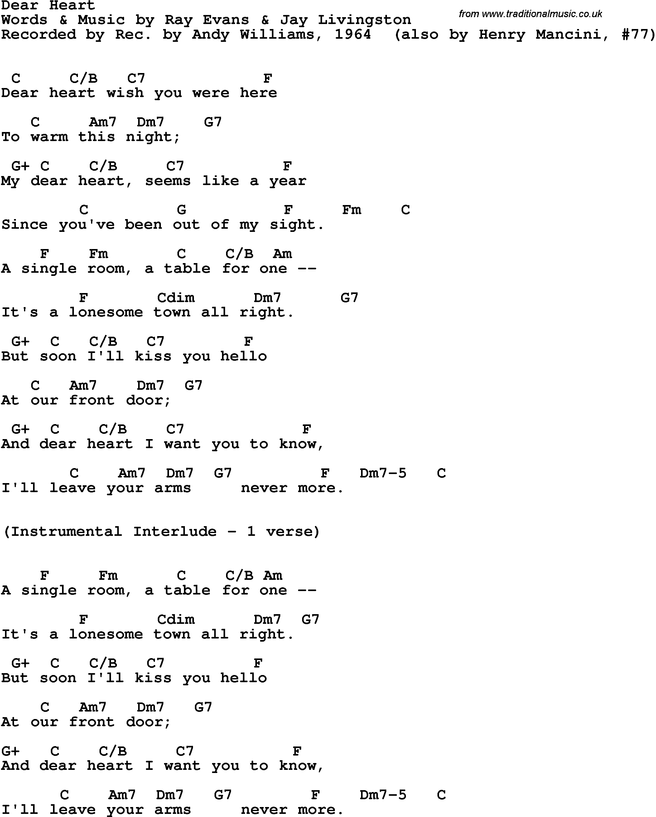 Song Lyrics with guitar chords for Dear Heart - Andy Williams, 1964