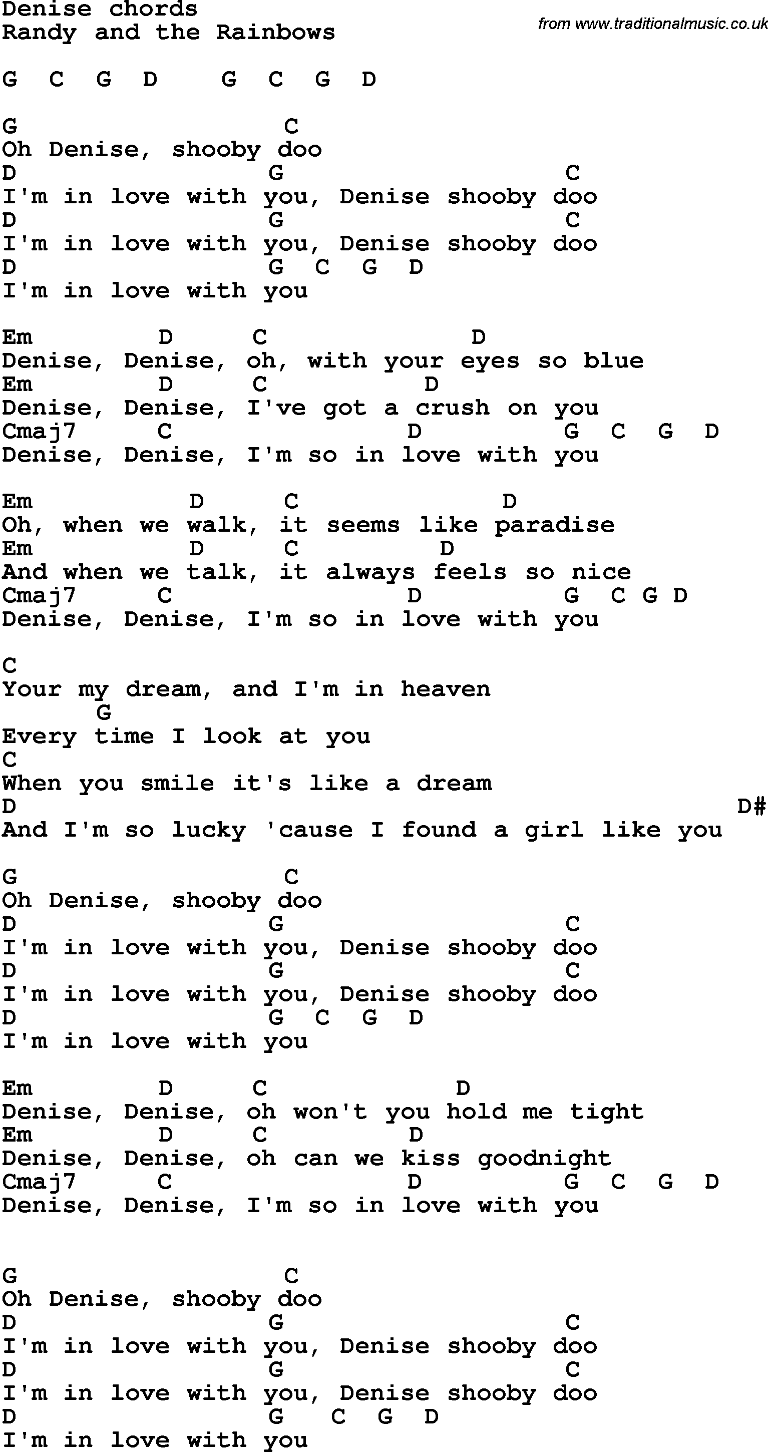 Song Lyrics with guitar chords for Denise