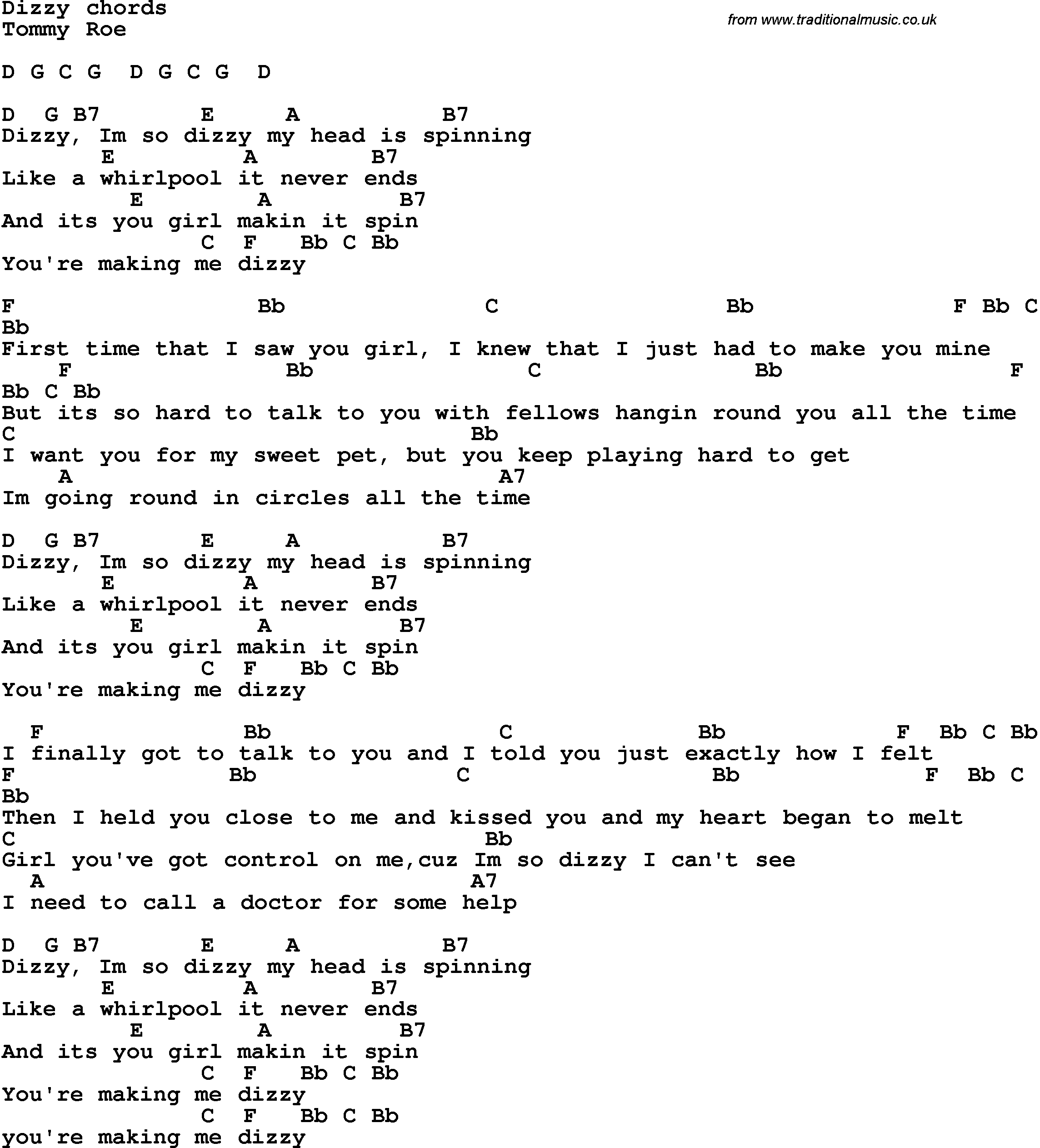 Song Lyrics with guitar chords for Dizzy