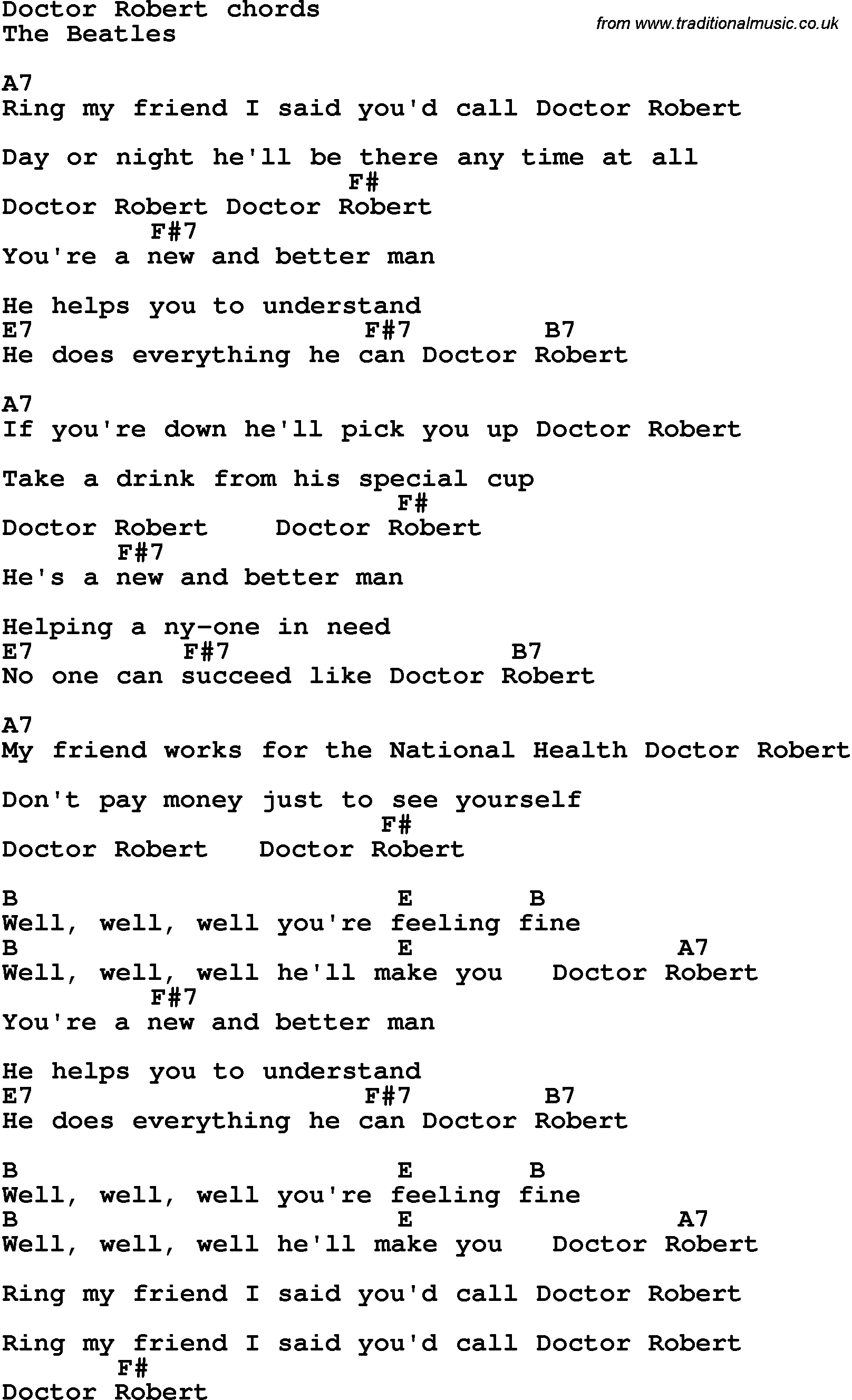 Song Lyrics with guitar chords for Doctor Robert - The Beatles