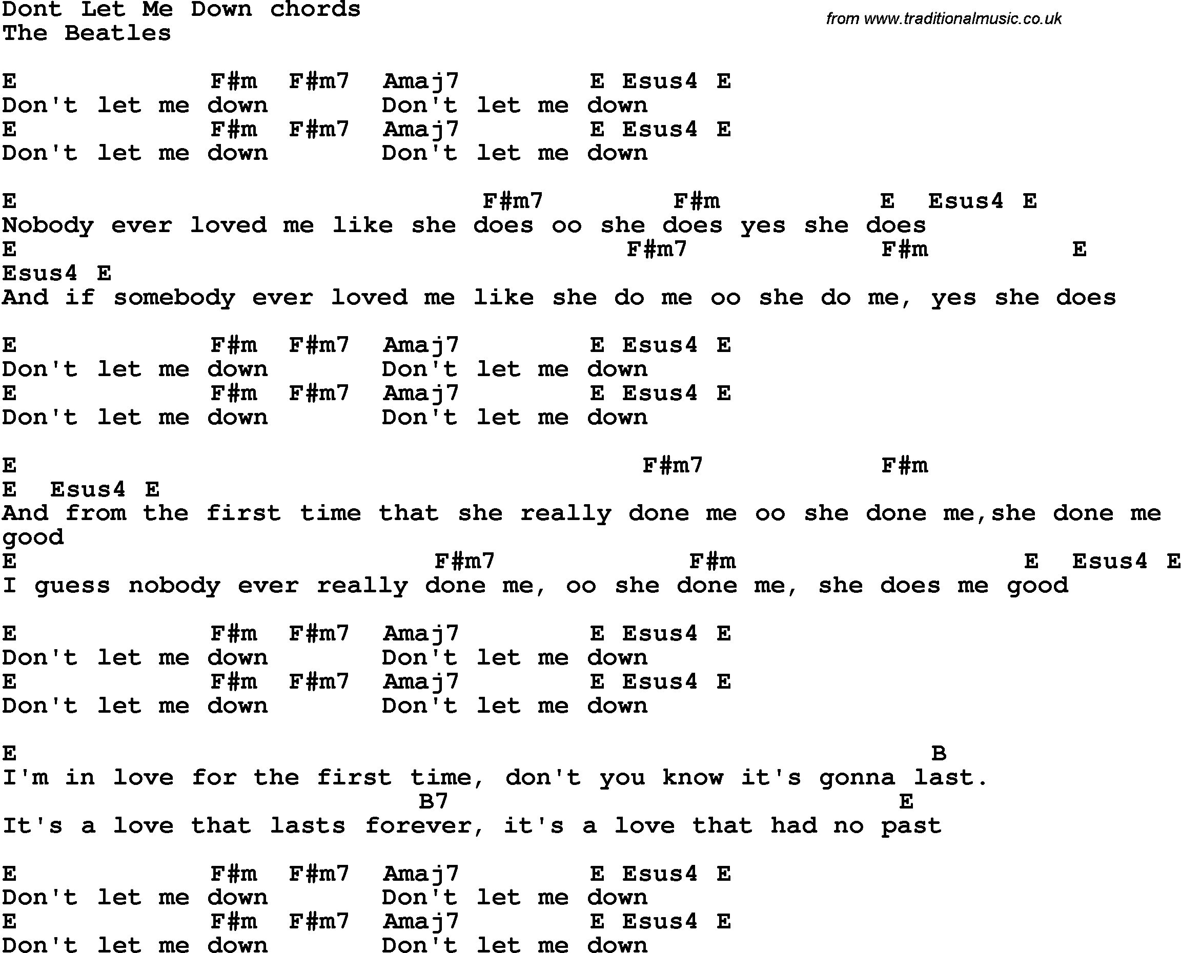 Song Lyrics With Guitar Chords For Don T Let Me Down The Beatles