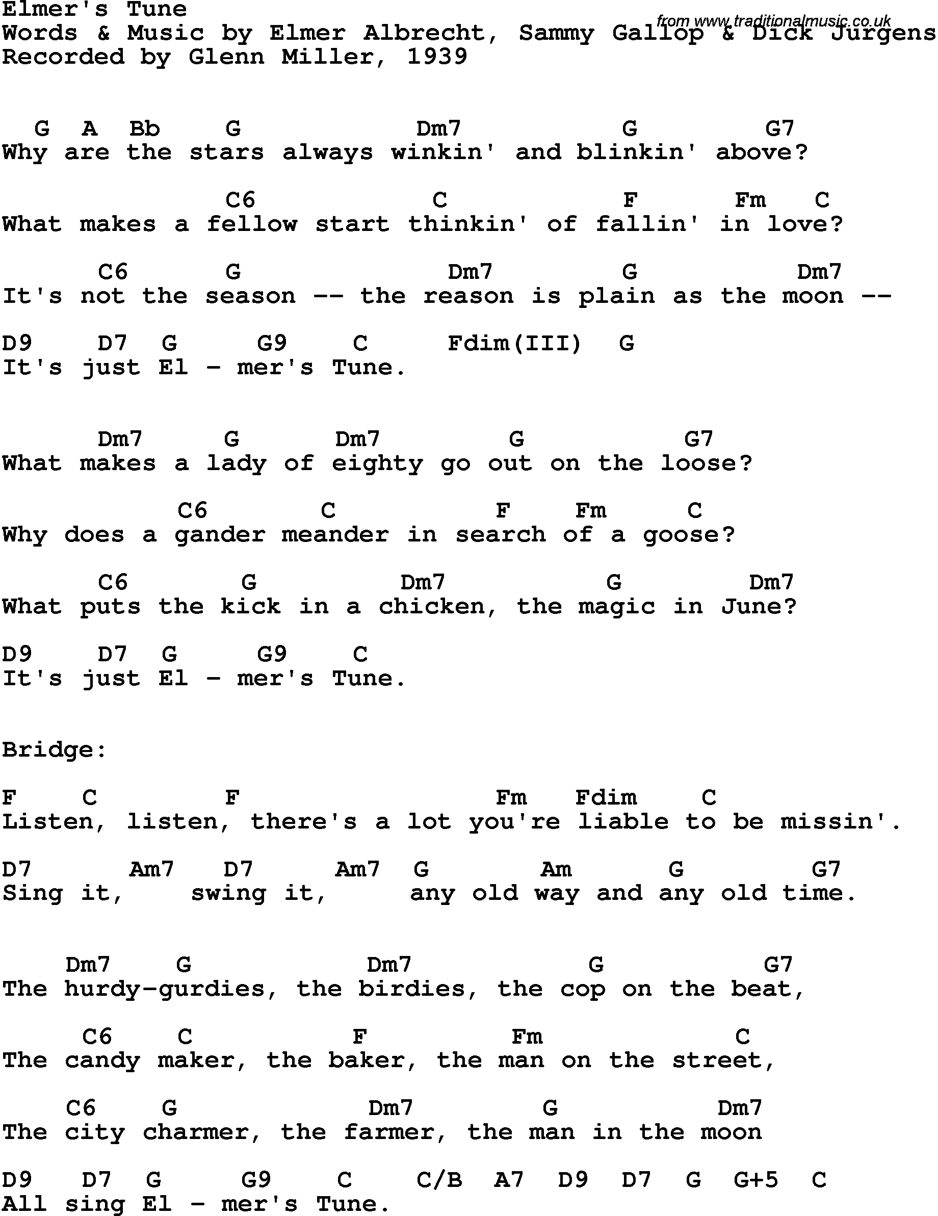 Song Lyrics With Guitar Chords For Elmer S Tune Glenn Miller 1939
