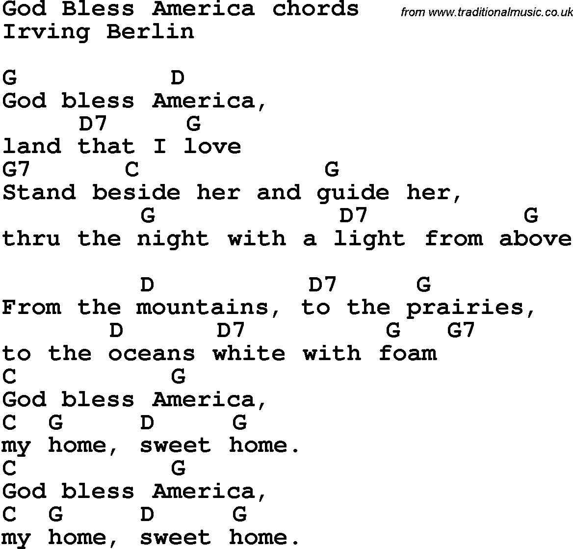 Song lyrics with guitar chords for God Bless America Irving Berlin