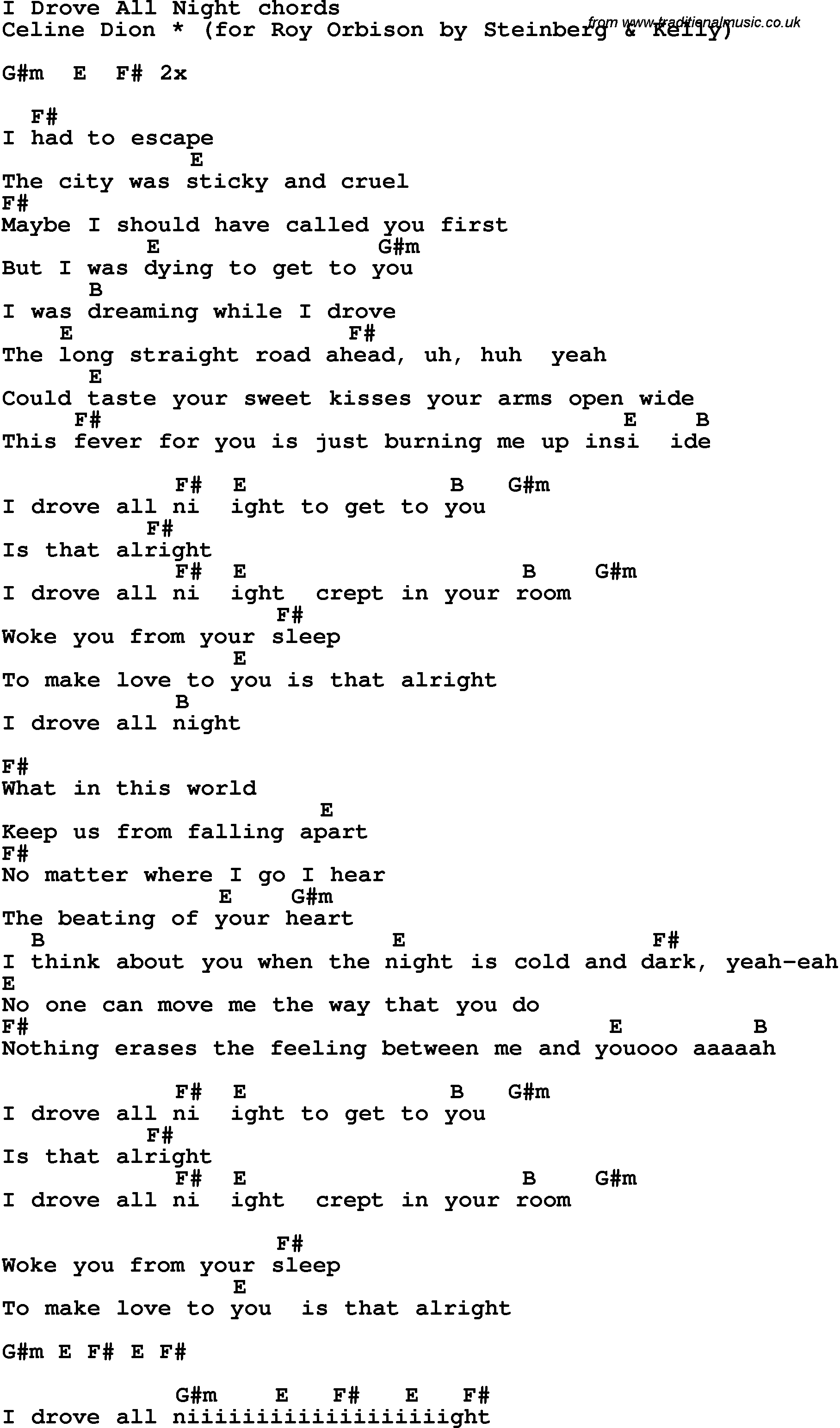 Song Lyrics with guitar chords for I Drove All Night