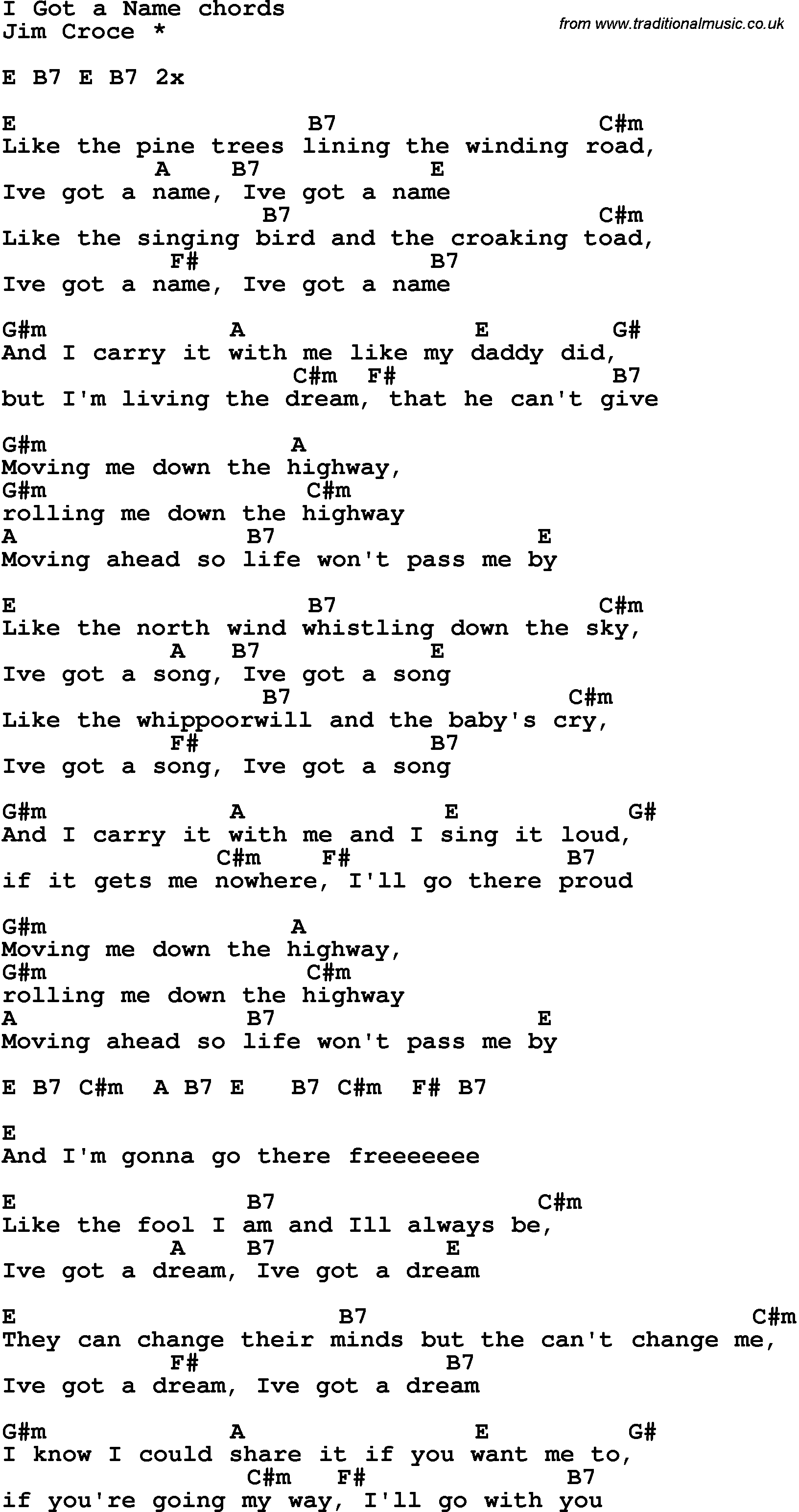 Song Lyrics with guitar chords for I Got A Name