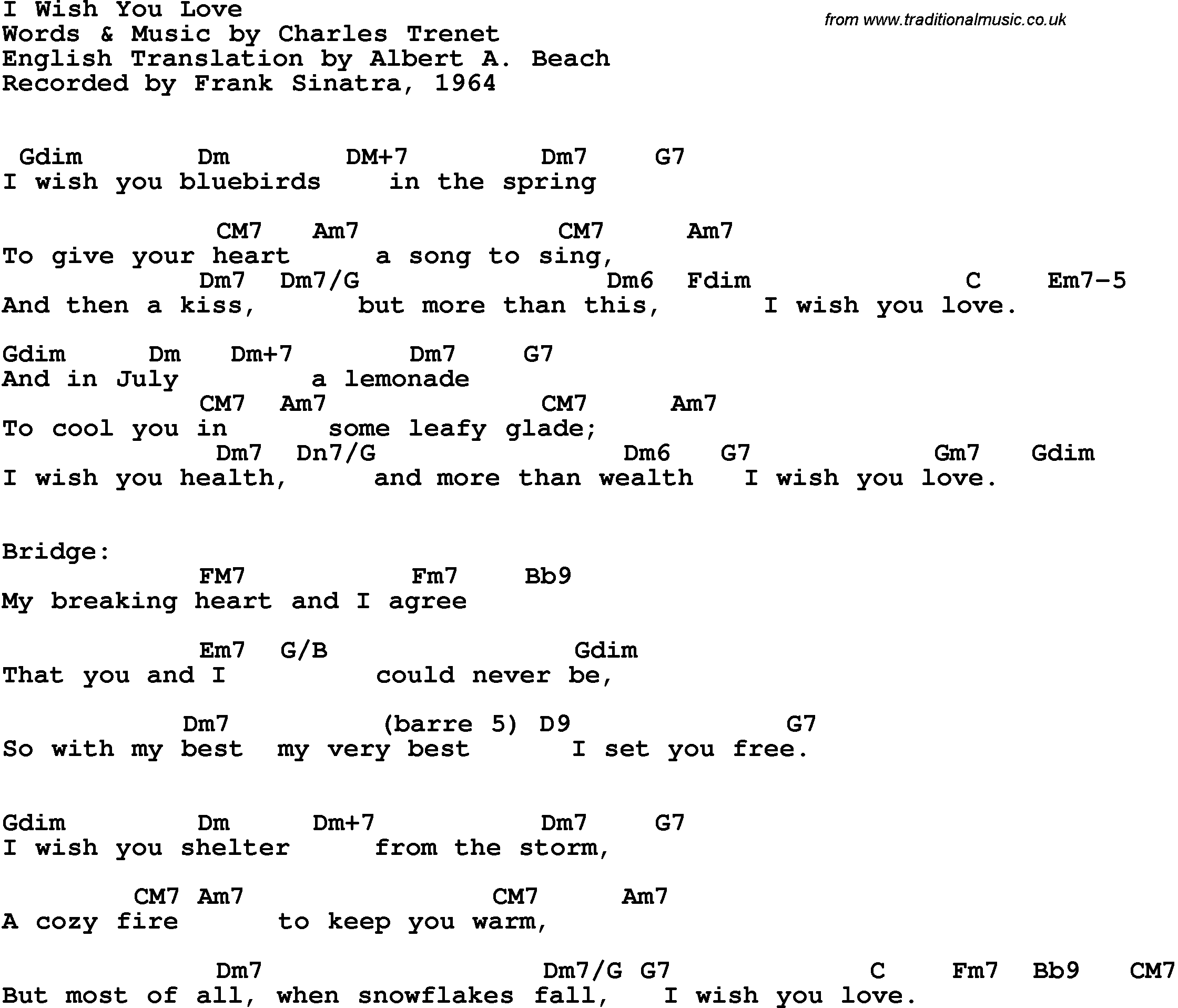 Song Lyrics with guitar chords for I Wish You Love - Frank Sinatra, 1963