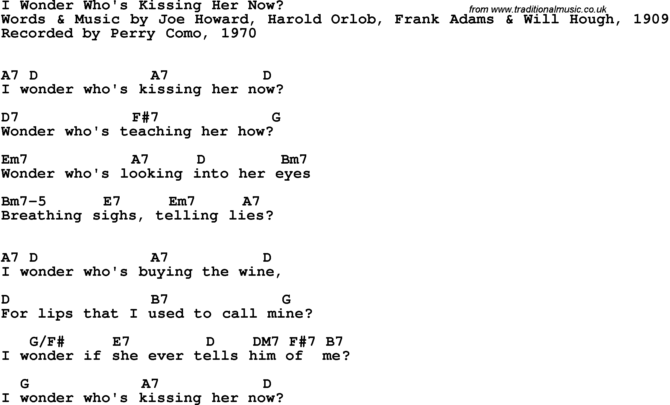 Song Lyrics with guitar chords for I Wonder Who's Kissing Her Now - Perry Como, 1939