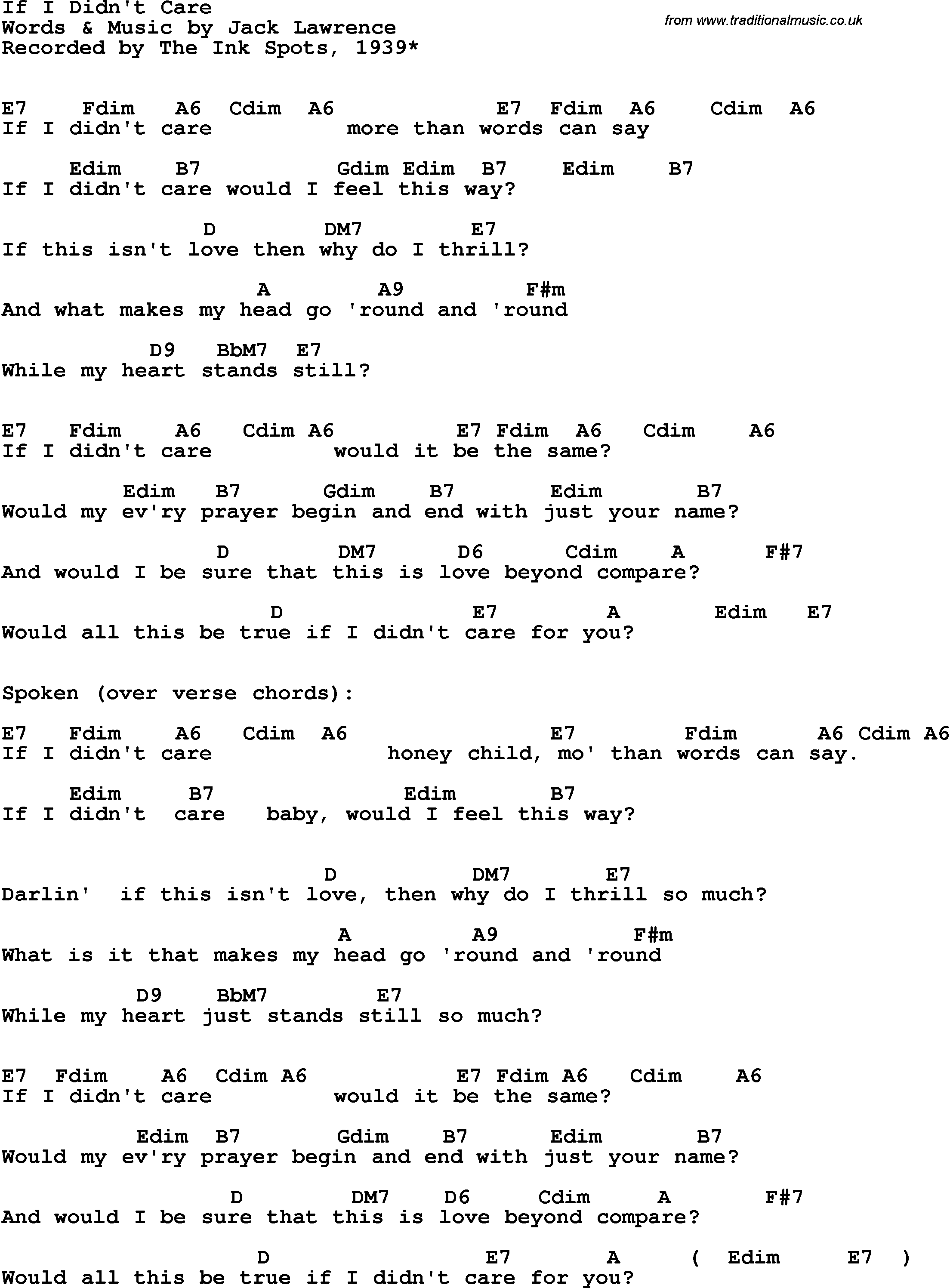 Song Lyrics with guitar chords for If I Didn't Care - The Platters, 1961