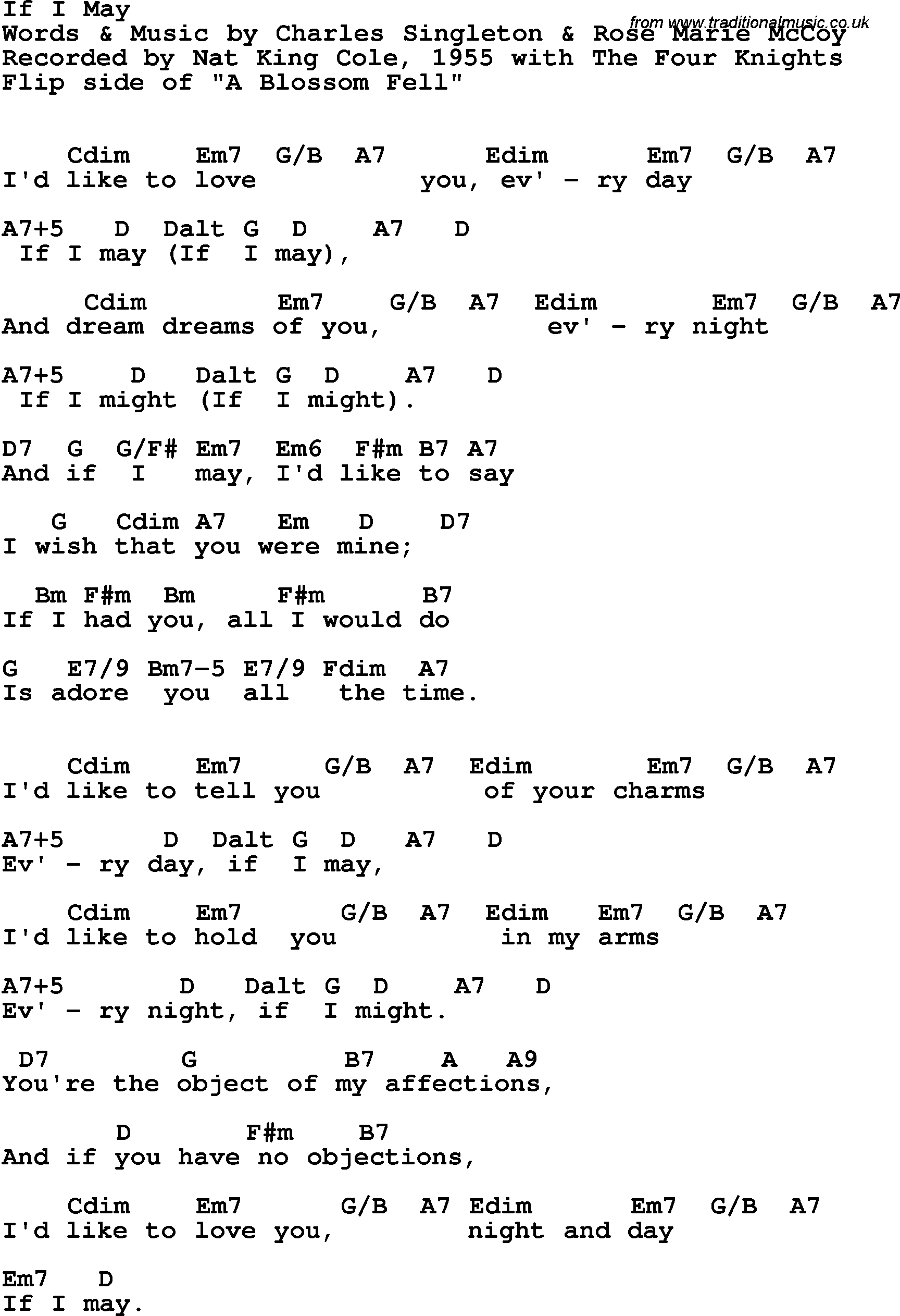 Song Lyrics with guitar chords for If I May - Nat King Cole & The Four Knights, 1955
