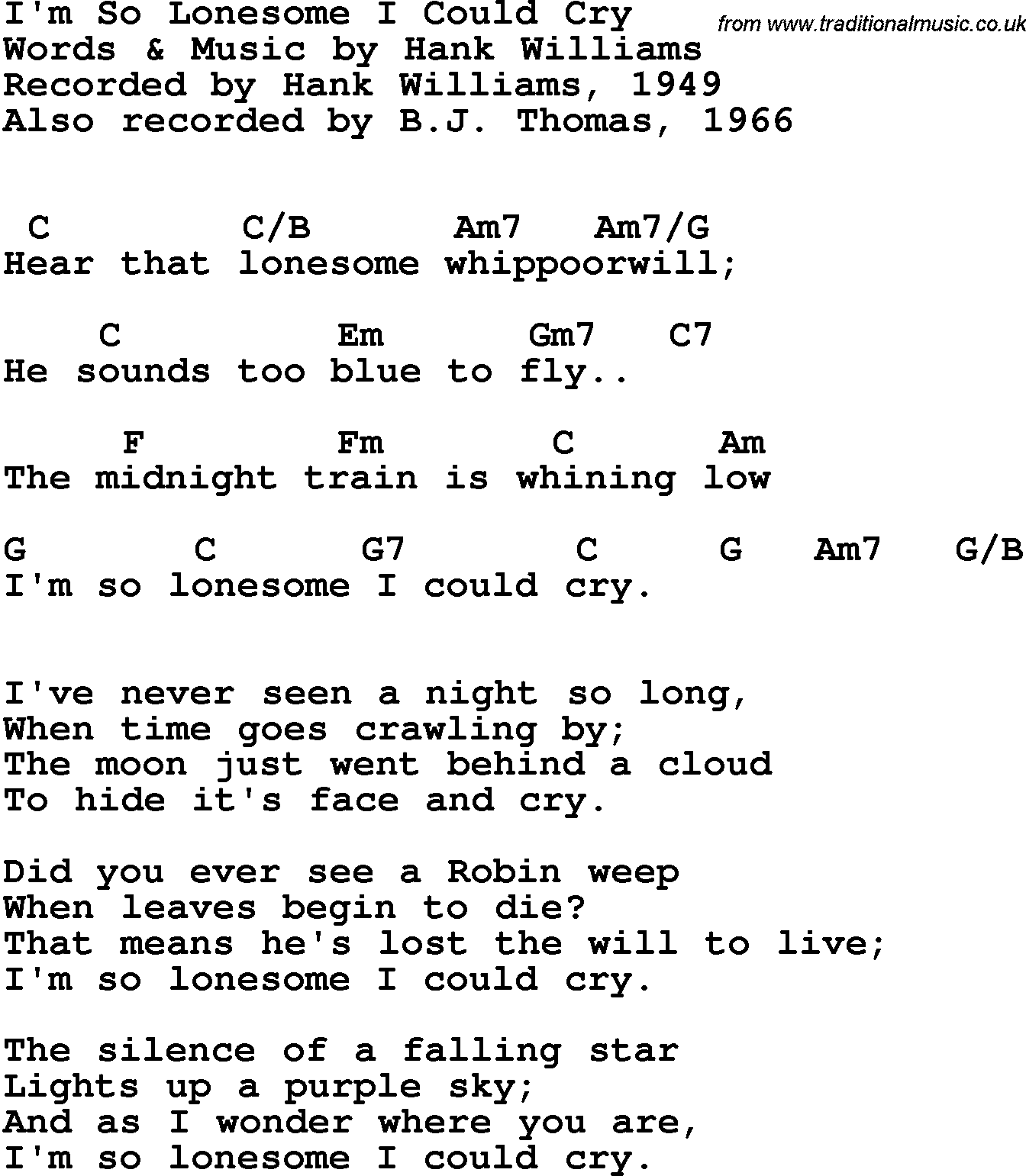 Song Lyrics with guitar chords for I'm So Lonesome I Could Cry - Hank Williams, 1949