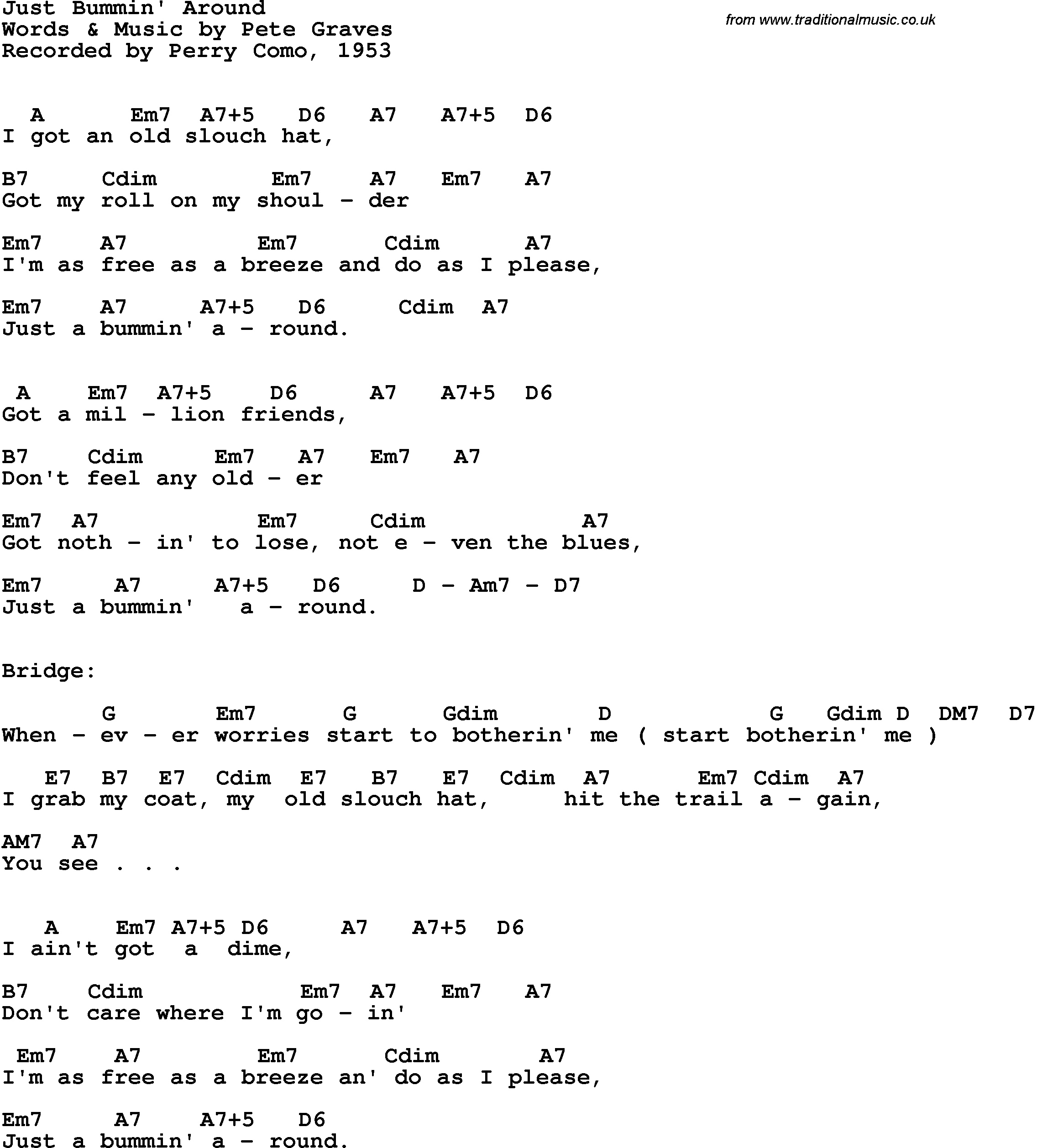 Song Lyrics with guitar chords for Just Bummin' Around - Perry Como, 1953