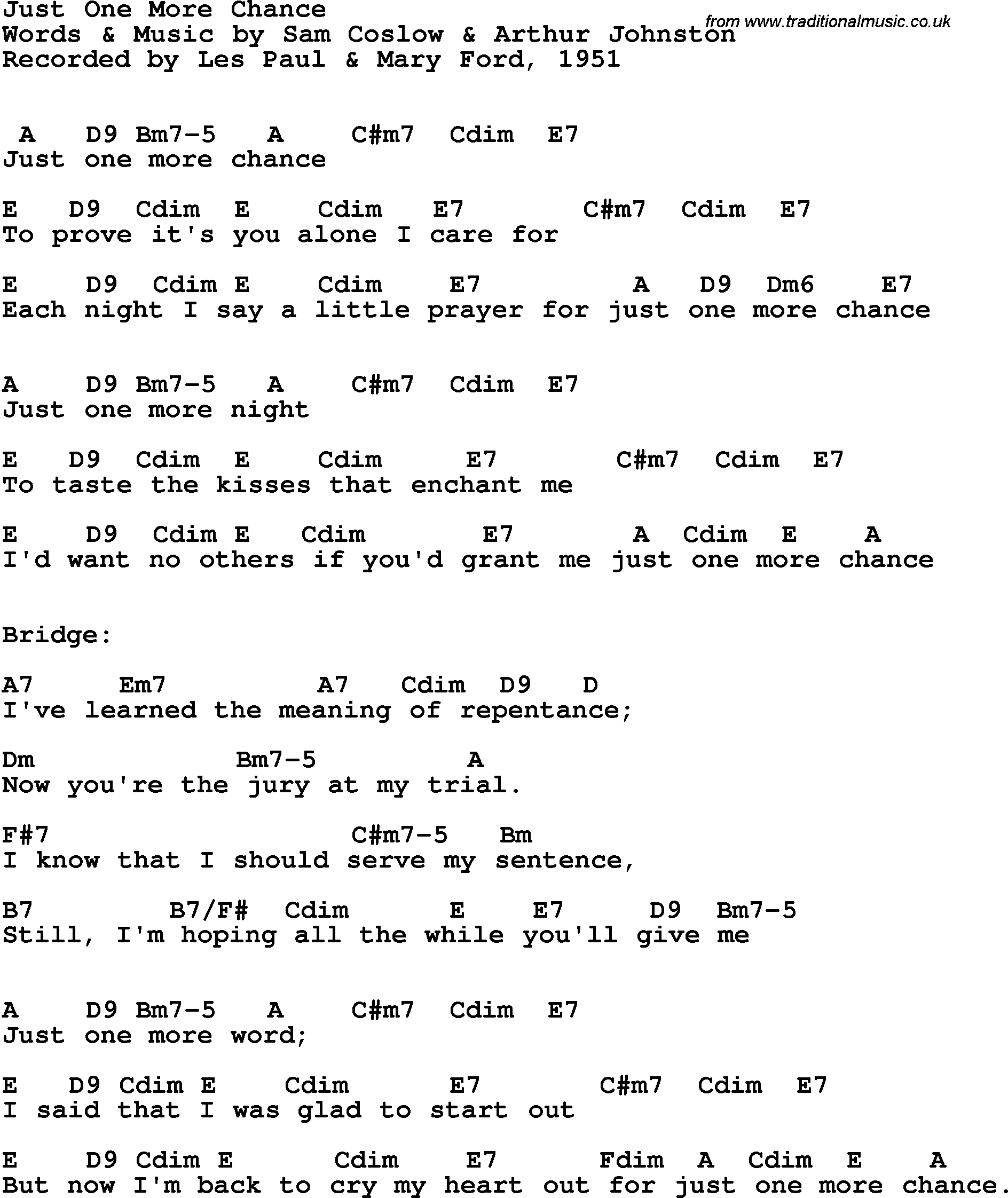 Song Lyrics With Guitar Chords For Just One More Chance Les Paul Mary Ford 1951
