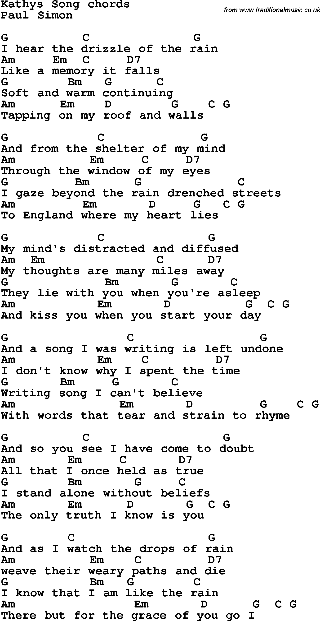 Song Lyrics with guitar chords for Kathy's Song