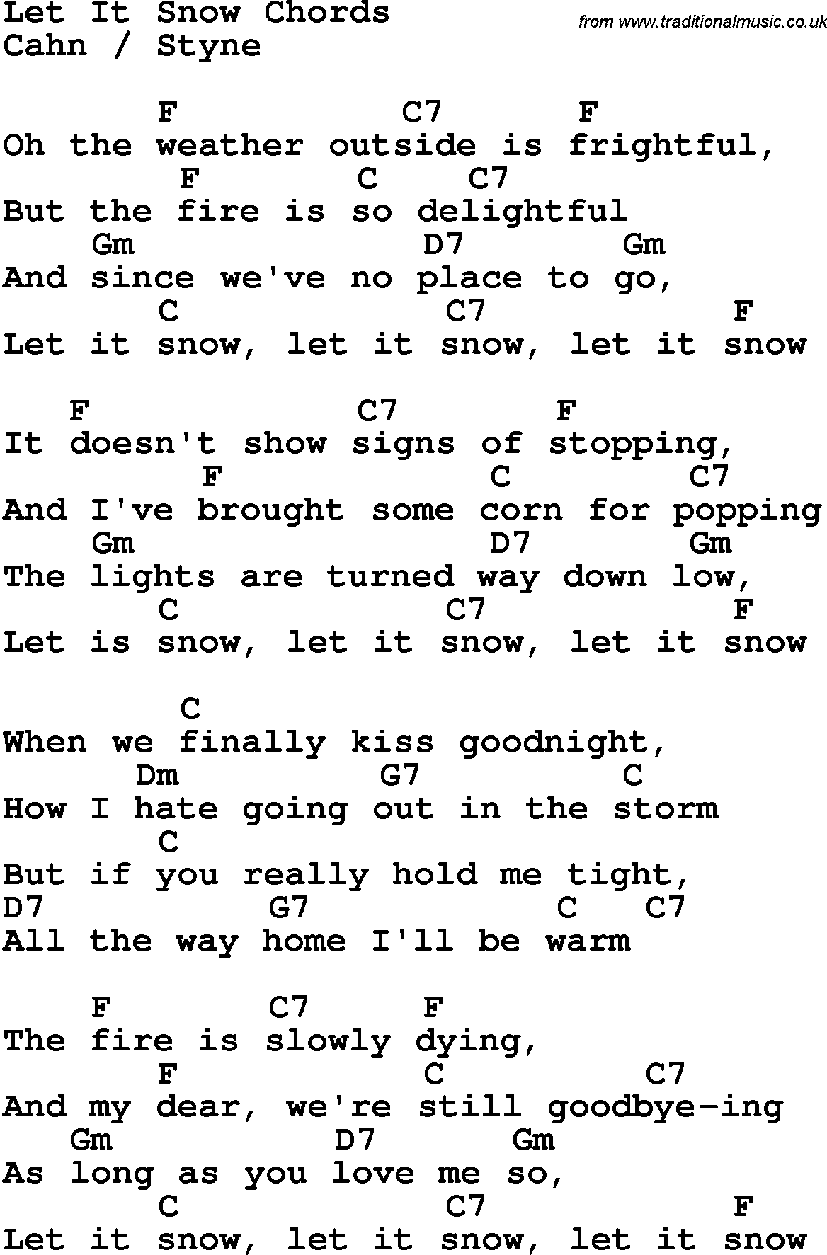 Song Lyrics with guitar chords for Let It Snow
