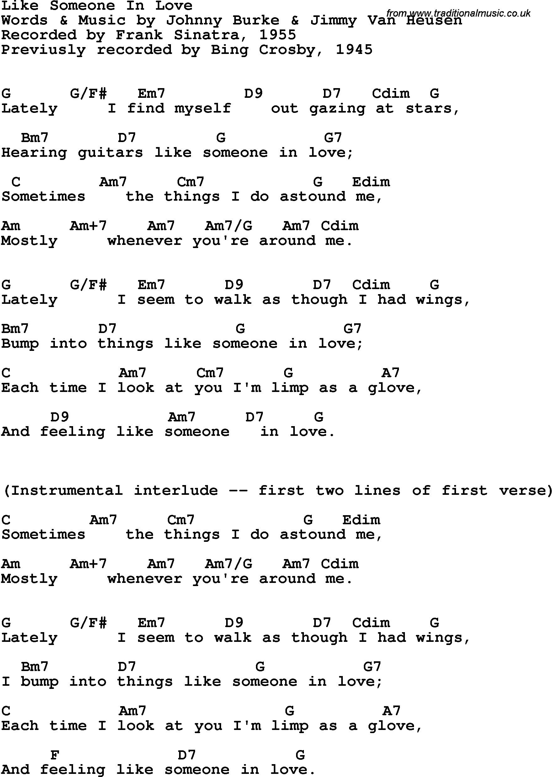 Song Lyrics with guitar chords for Like Someone In Love - Frank Sinatra, 1955