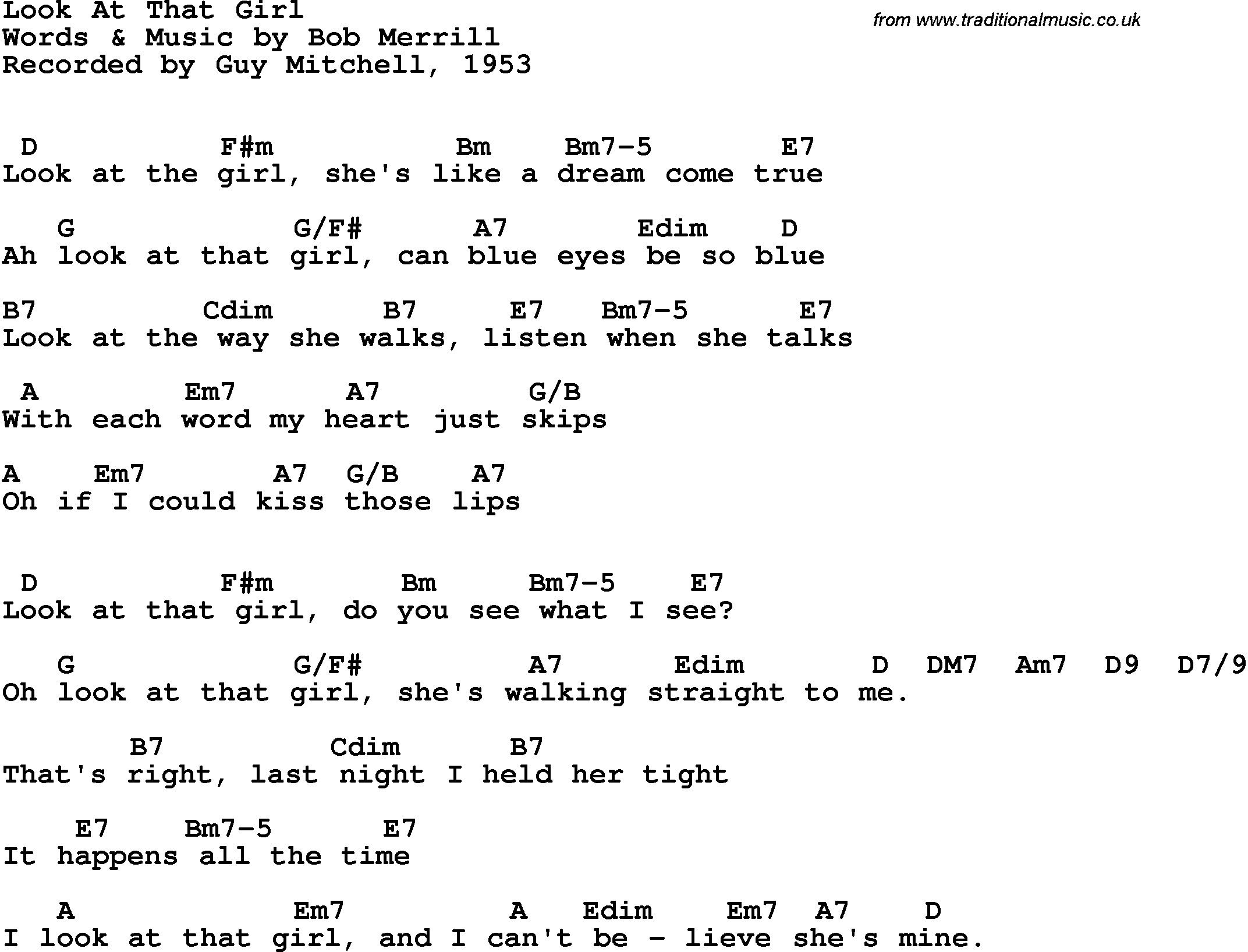Song Lyrics with guitar chords for Look At That Girl- Guy Mitchell, 1953
