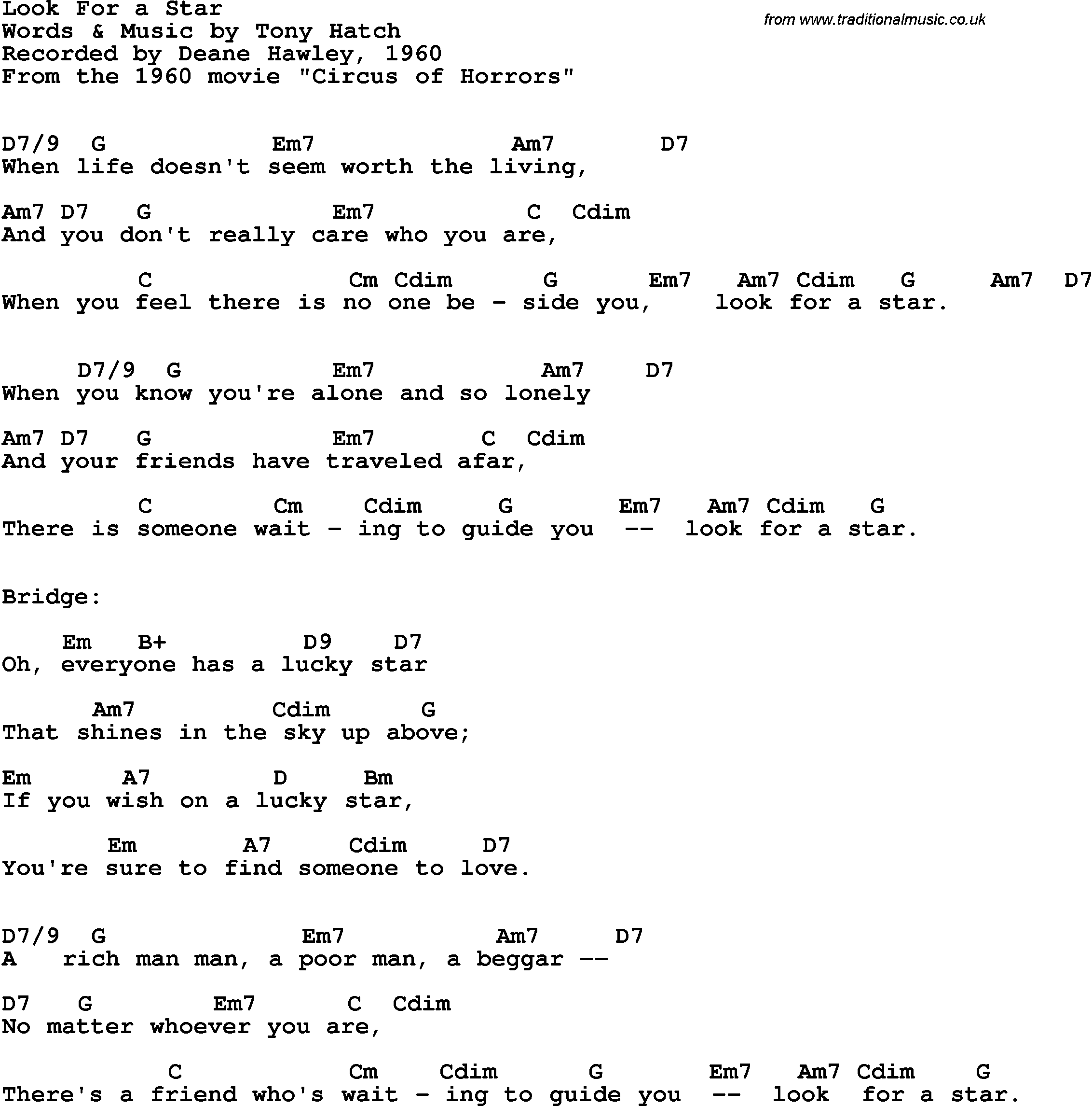 Song Lyrics with guitar chords for Look For A Star - Deane Hawley, 1960