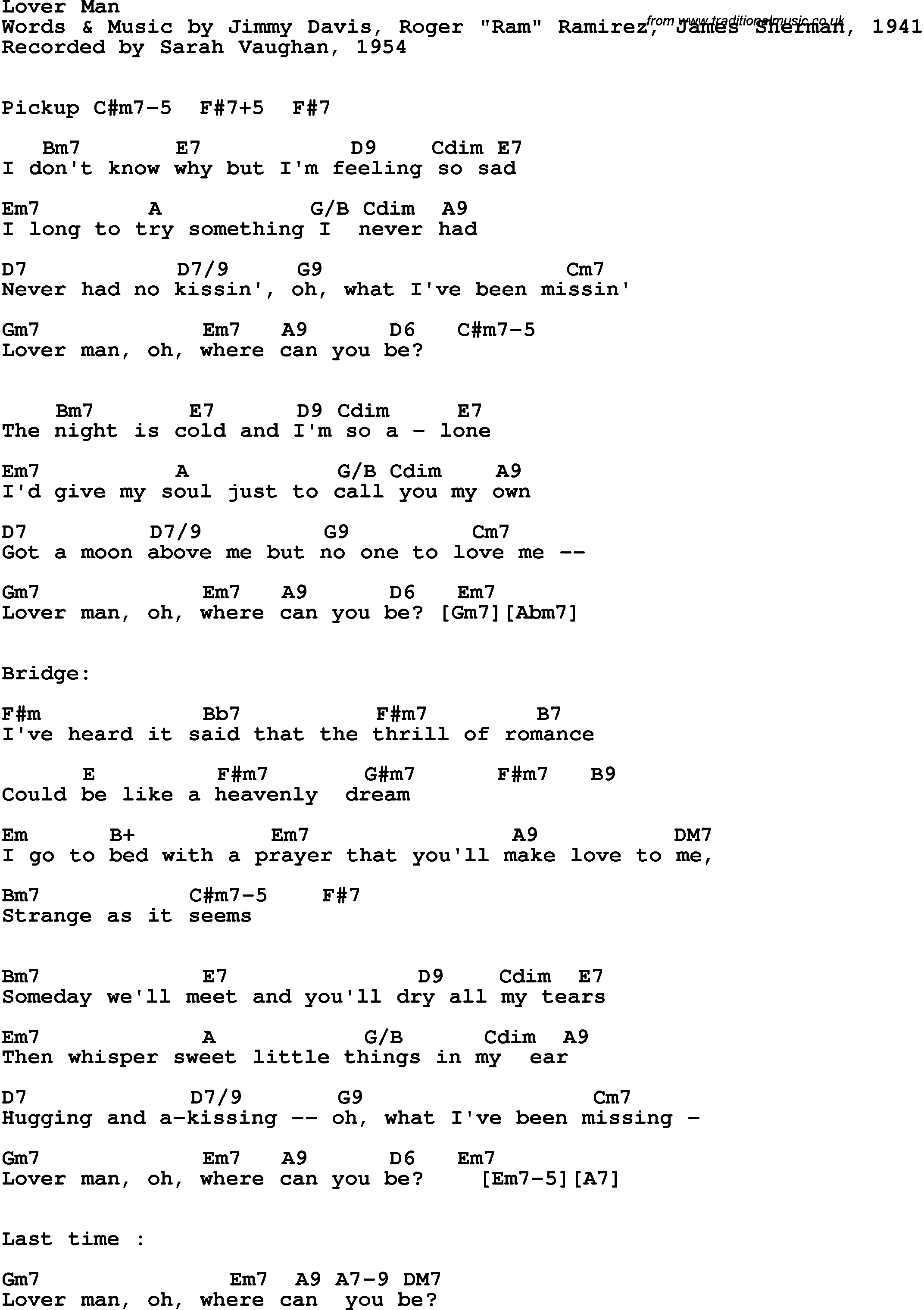 Song Lyrics with guitar chords for Lover Man - Sarah Vaughan, 1954