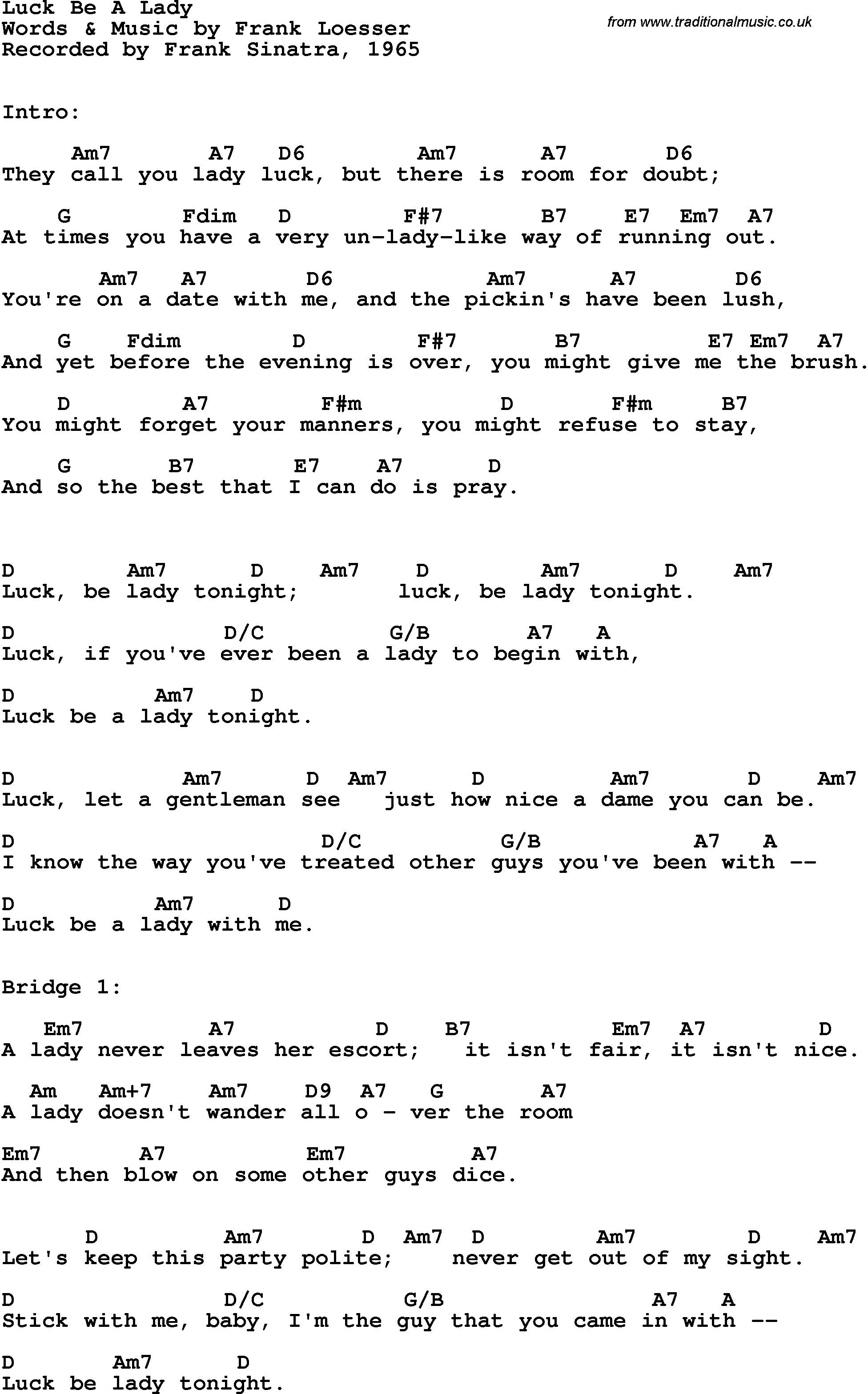 Song Lyrics with guitar chords for Luck Be A Lady - Frank Sinatra, 1965