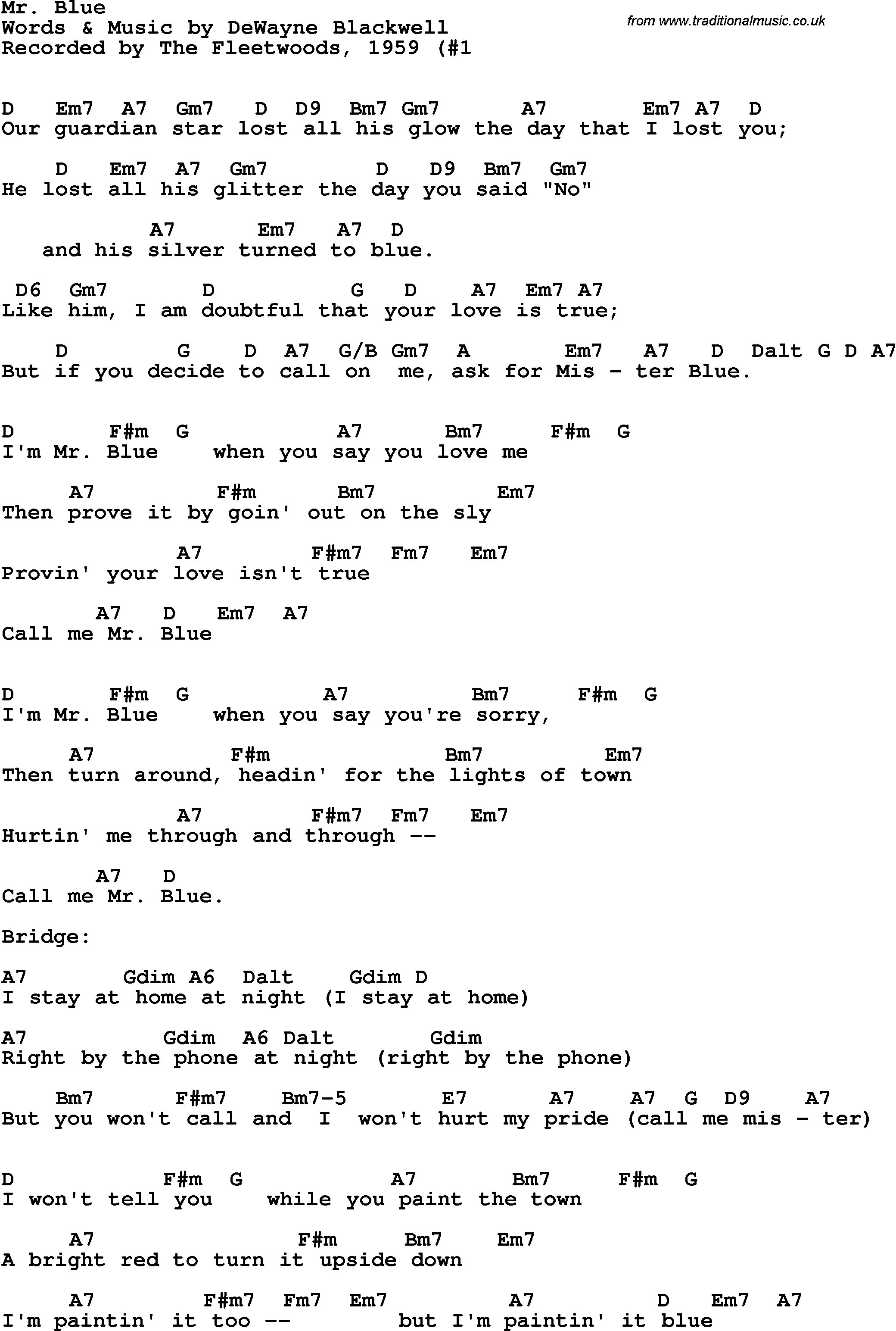 Song Lyrics with guitar chords for Mr Blue - The Fleetwoods, 1959