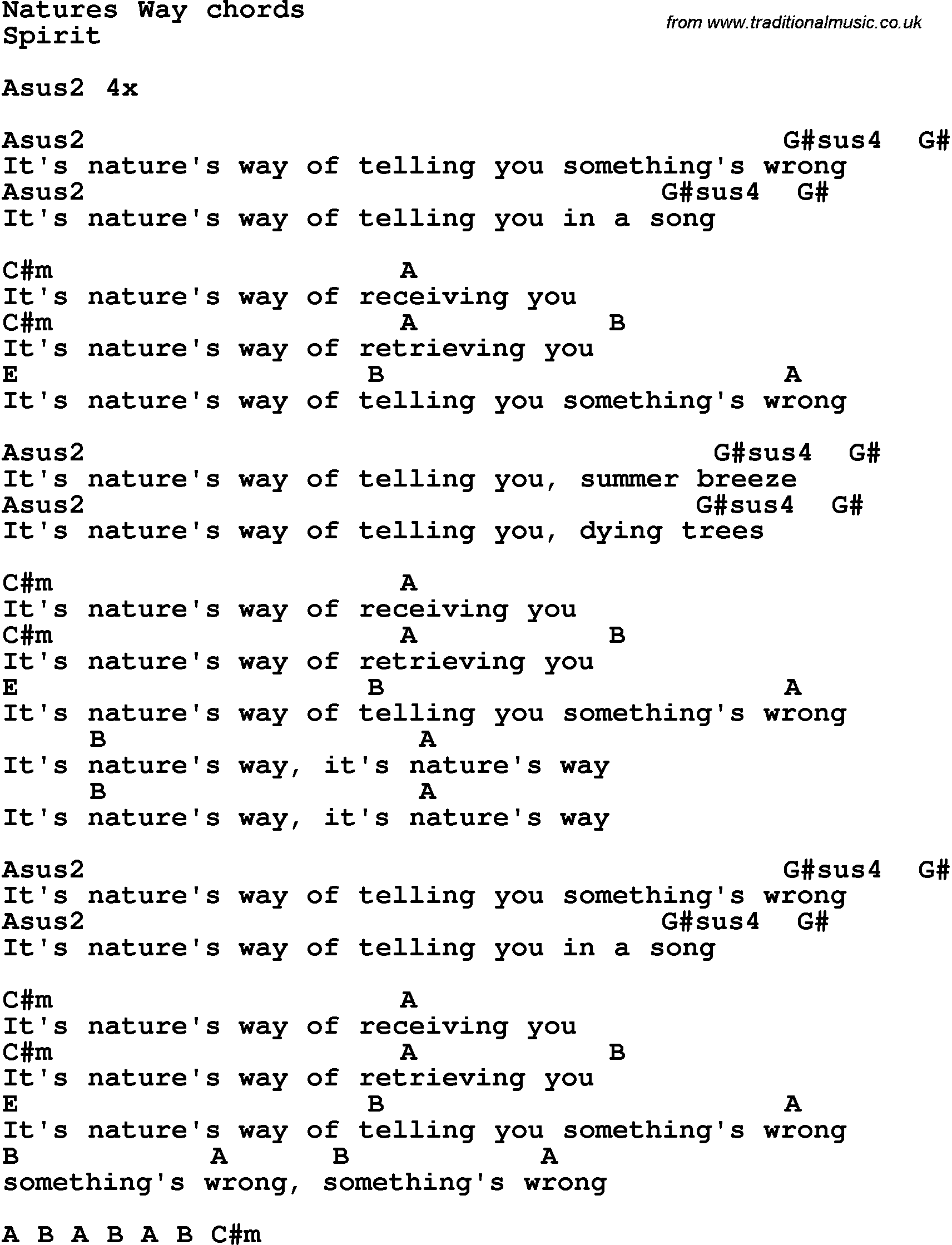 Song Lyrics with guitar chords for Nature's Way