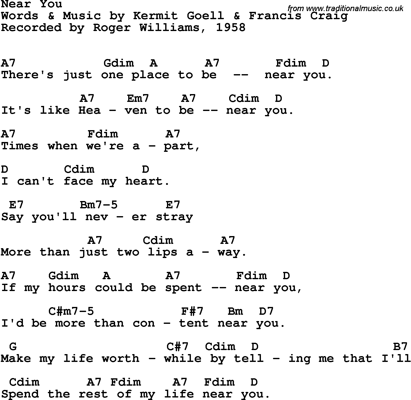 Song Lyrics with guitar chords for Near You - Roger Williams, 1958