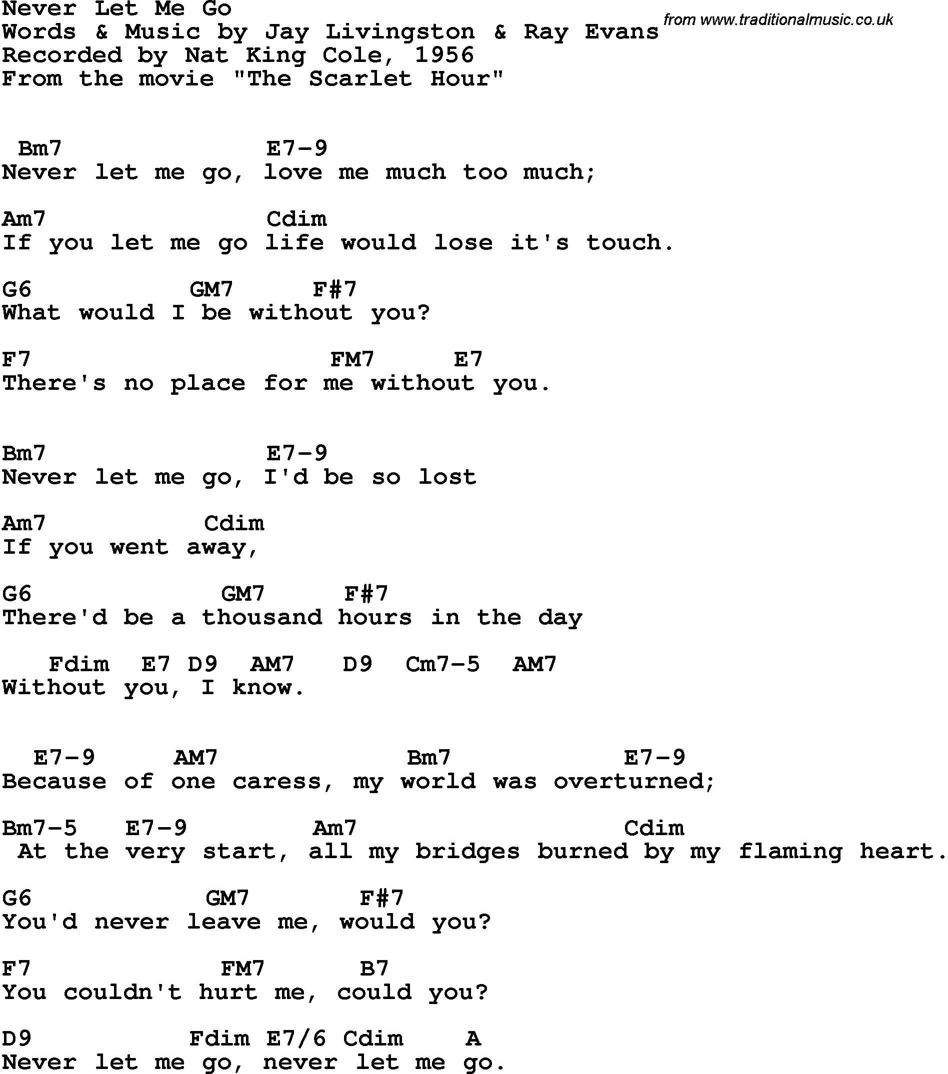 Song Lyrics with guitar chords for Never Let Me Go - Nat King Cole, 1956