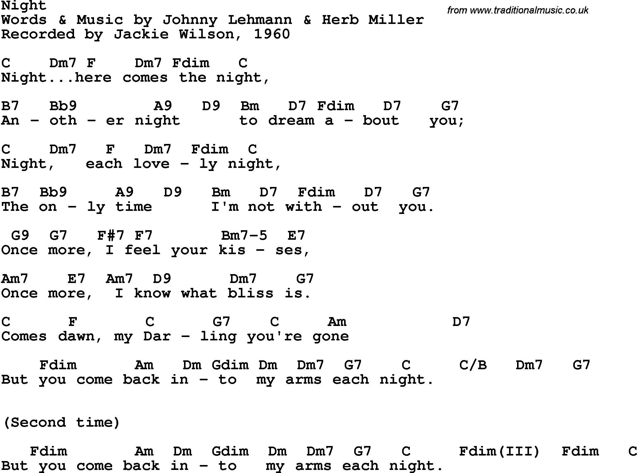 Song Lyrics with guitar chords for Night - Jackie Wilson, 1960