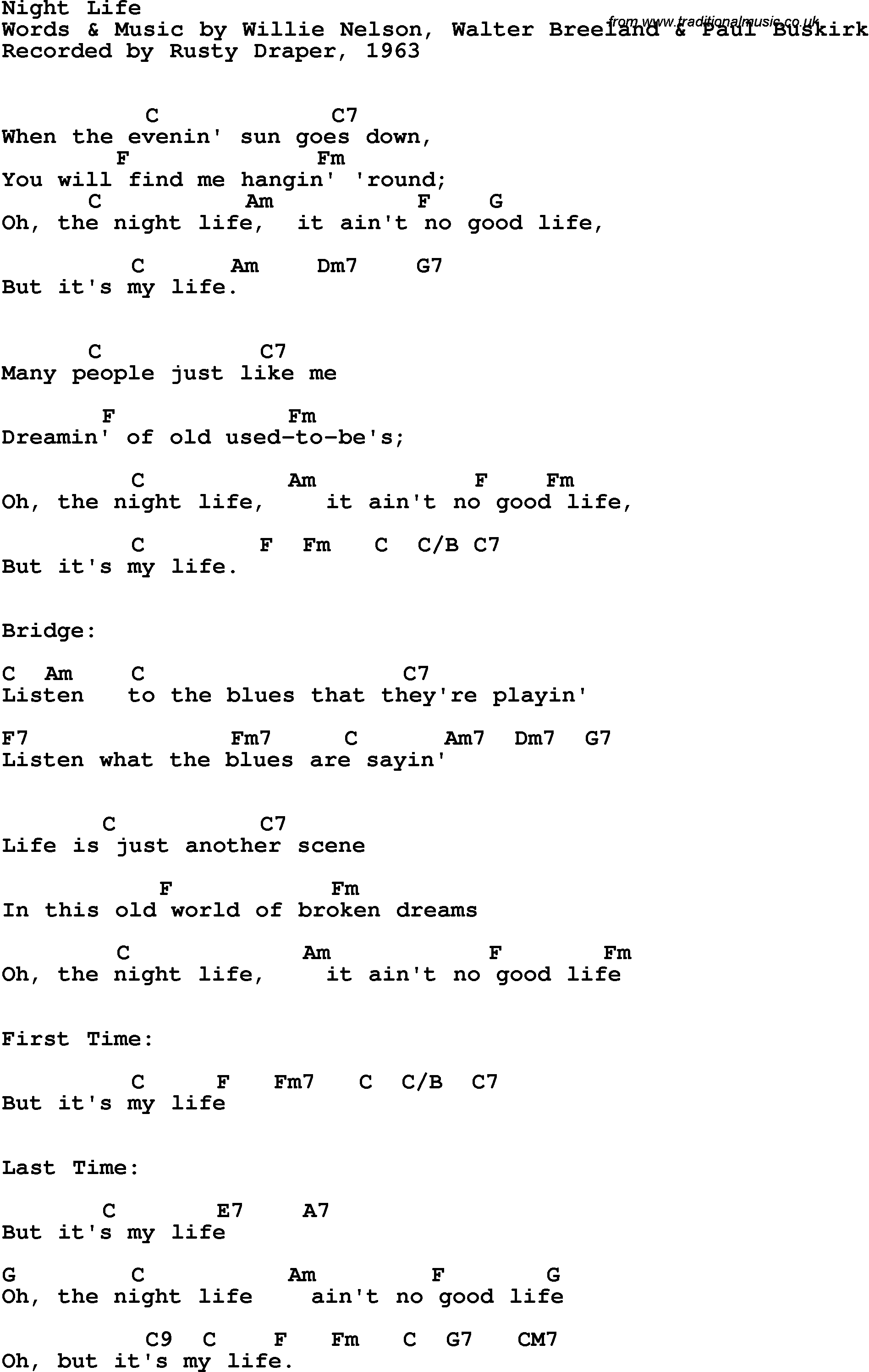 Song Lyrics with guitar chords for Night Life - Rusty Draper, 1963