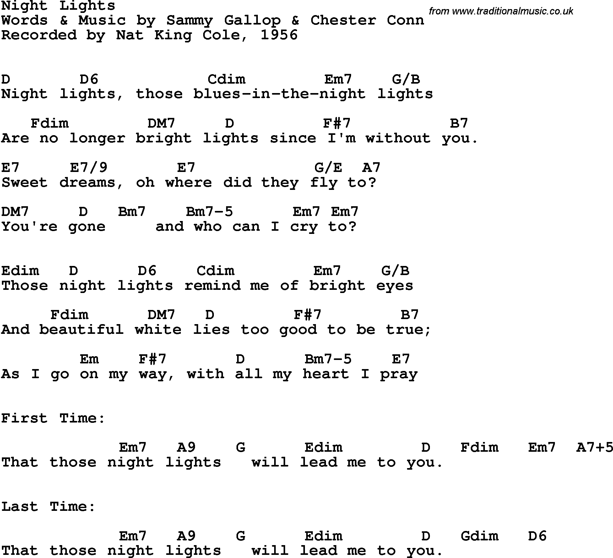 Song Lyrics with guitar chords for Night Lights - Nat King Cole,  1956