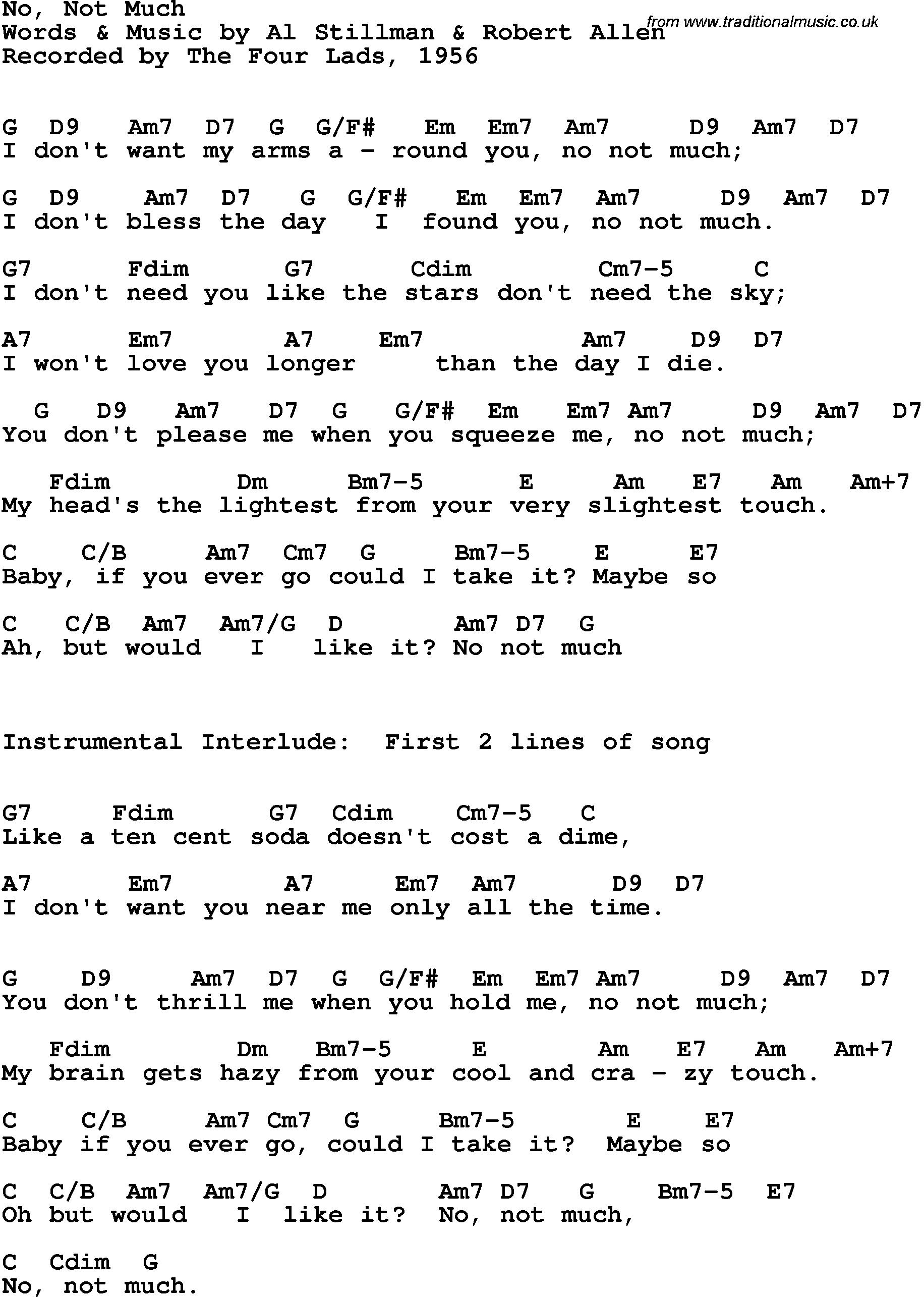 Song Lyrics with guitar chords for No, Not Much - The Four Lads, 1956